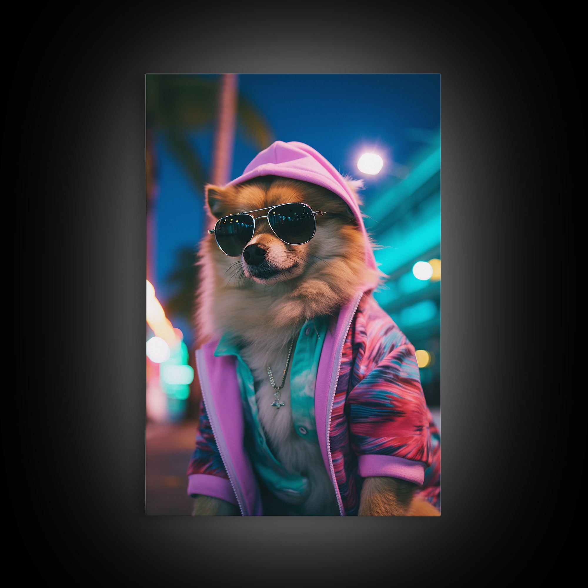 Pomeranian Wall Print, Dog Wall Art, Dog With Shades, Pink Hoodie, Funny Wall Art, Framed Wall Art, Framed Canvas, Wall Print, Wall Canvas