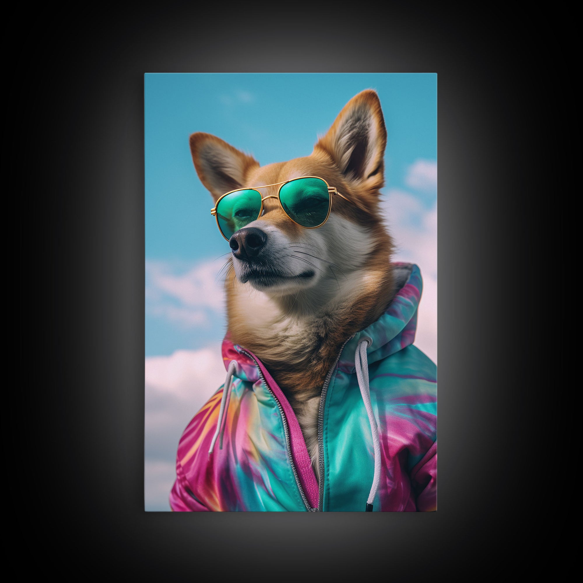 Shiba Inu Wall Print, Dog Wall Art, Dog With Shades, Colorful Hoodie, Funny Art, Framed Wall Art, Framed Canvas, Wall Print, Wall Canvas