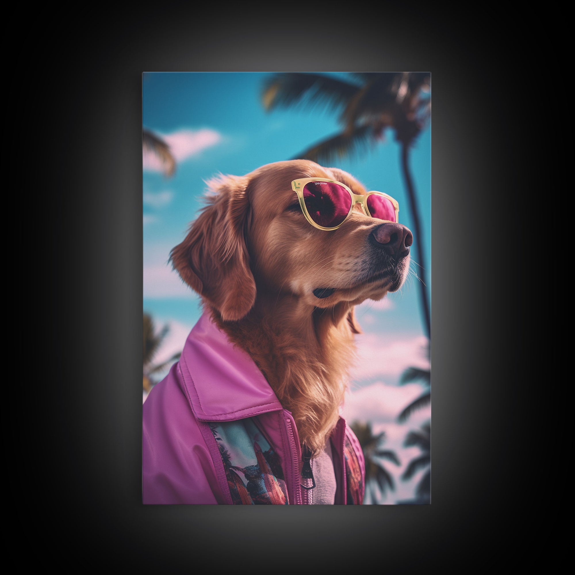 Golden Retriever Wall Print, Dog Wall Art, Dog With Shades, Pink Hoodie, Funny Art, Framed Wall Art, Framed Canvas, Wall Print, Wall Canvas