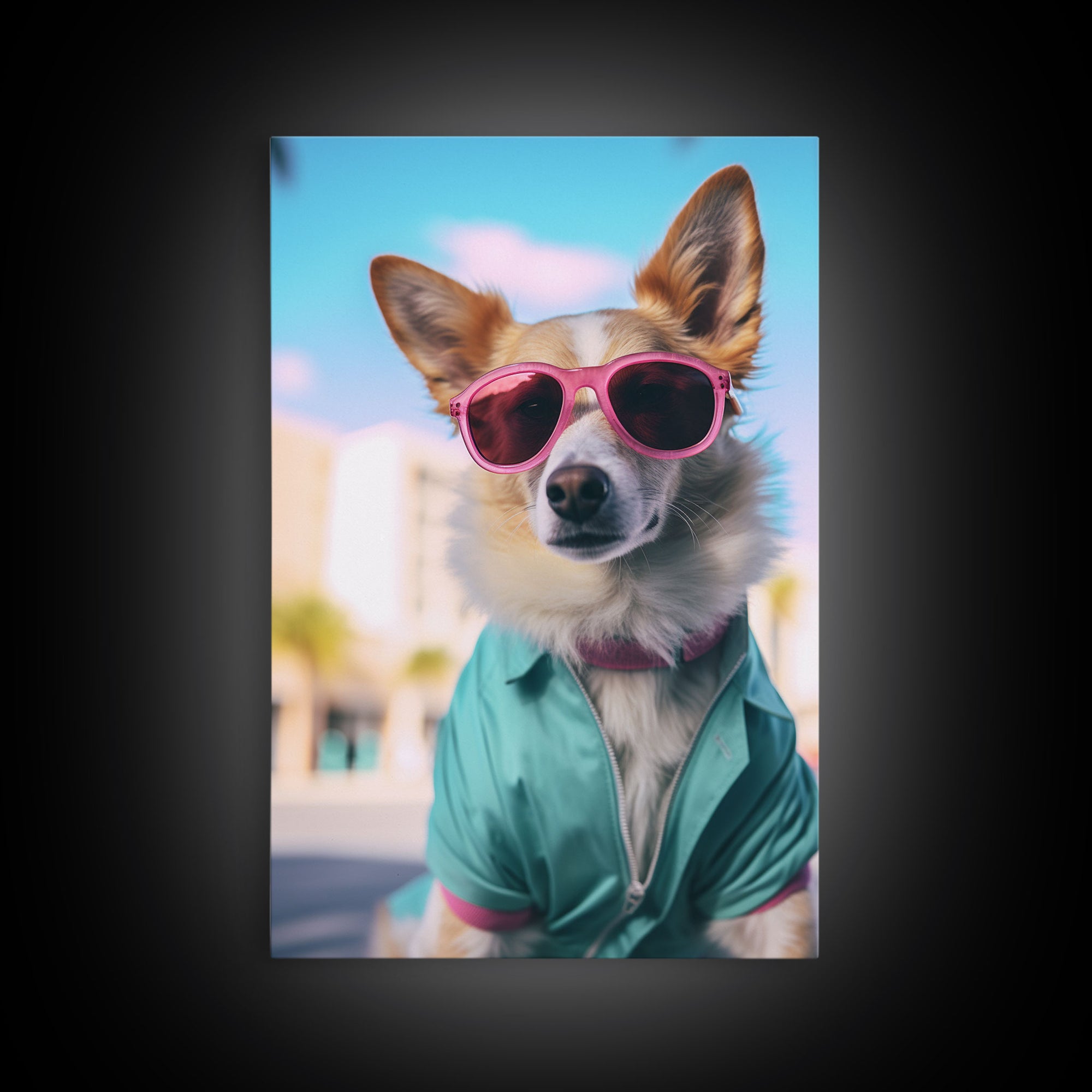 Corgi Wall Print, Dog Wall Art, Dog Sunglasses, Teal Shirt, Funny Wall Art, Framed Wall Art, Framed Canvas, Wall Print, Wall Canvas