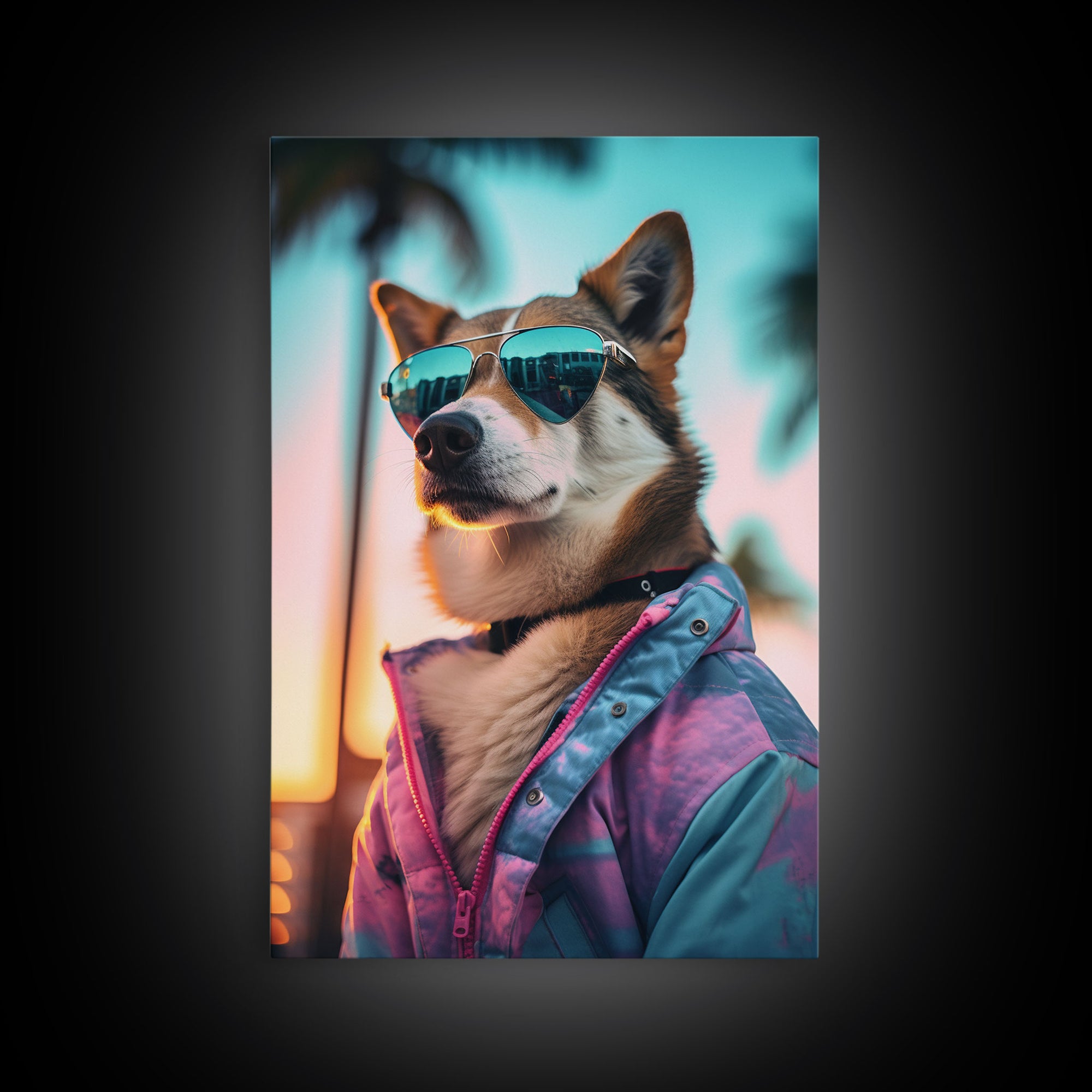 Shiba Inu Wall Print, Dog Art, Dog Sunglasses, Pink Teal Hoodie, Funny Wall Art, Framed Wall Art, Framed Canvas, Wall Print, Wall Canvas