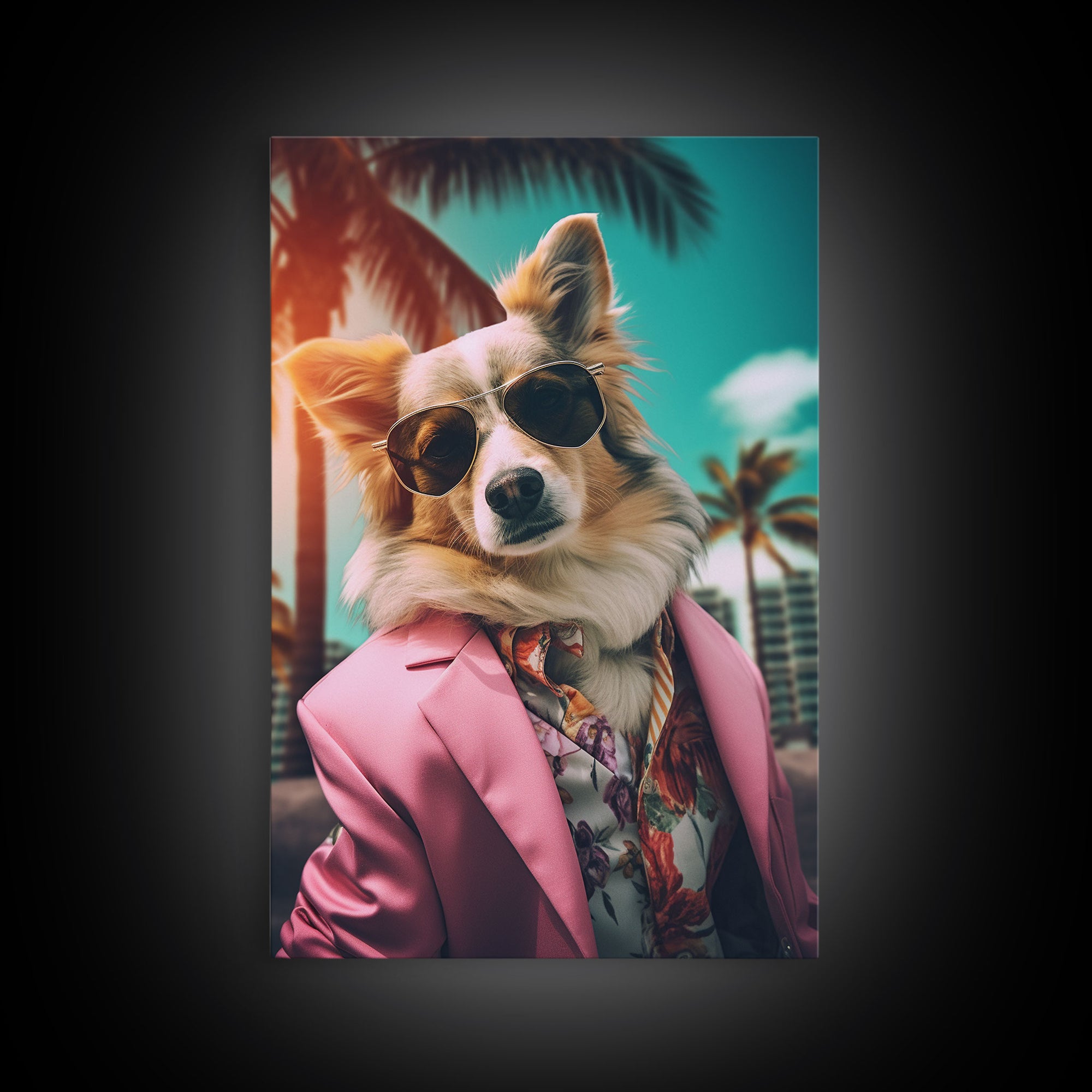 Corgi Wall Print, Dog Wall Art, Dog Sunglasses, Pink Suit, Floral Shirt, Funny Art, Framed Wall Art, Framed Canvas, Wall Print, Wall Canvas