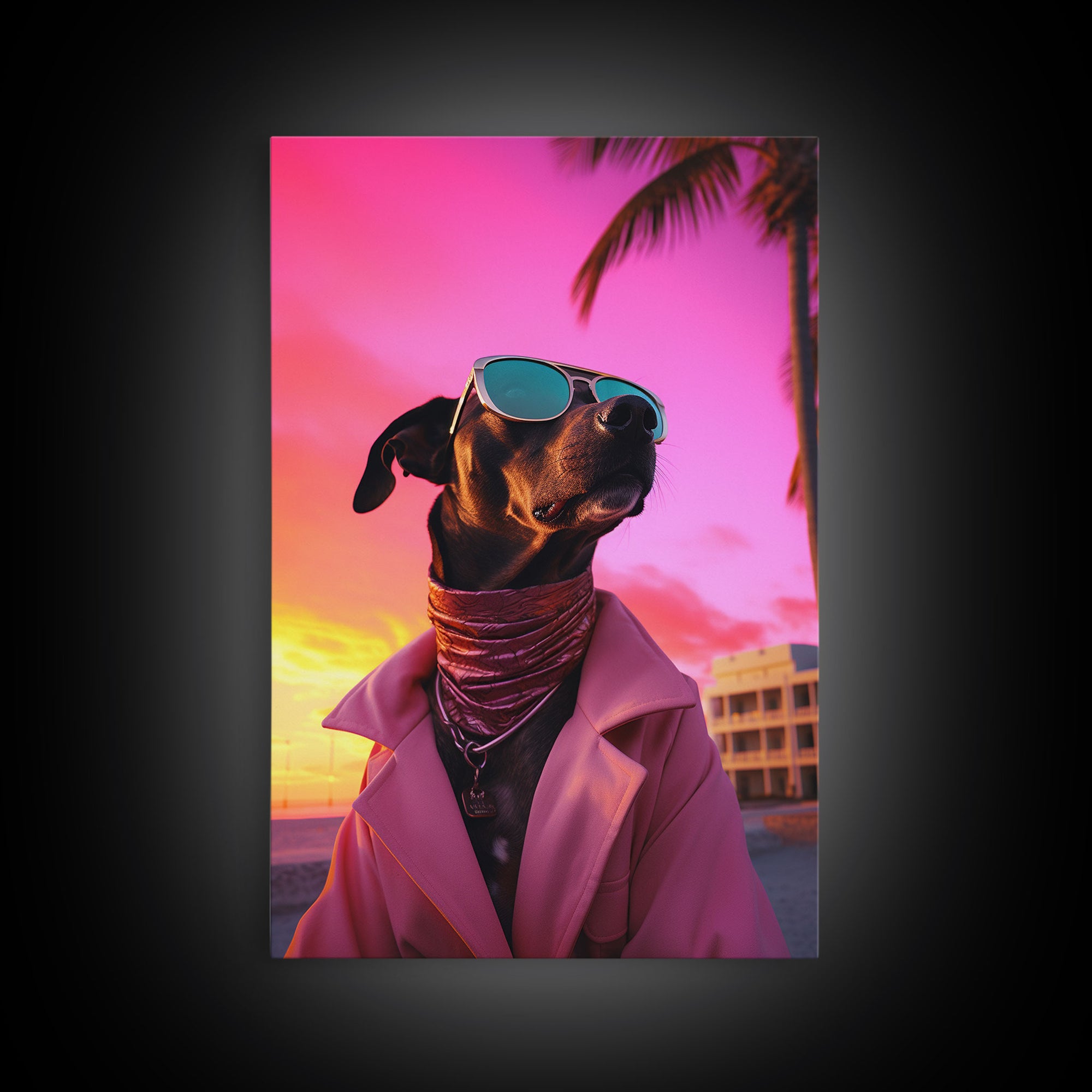 Pinscher Wall Print, Dog Print, Dog Sunglasses, Dog In Pink Suit, Funny Art, Framed Wall Art, Framed Canvas, Wall Print, Wall Canvas