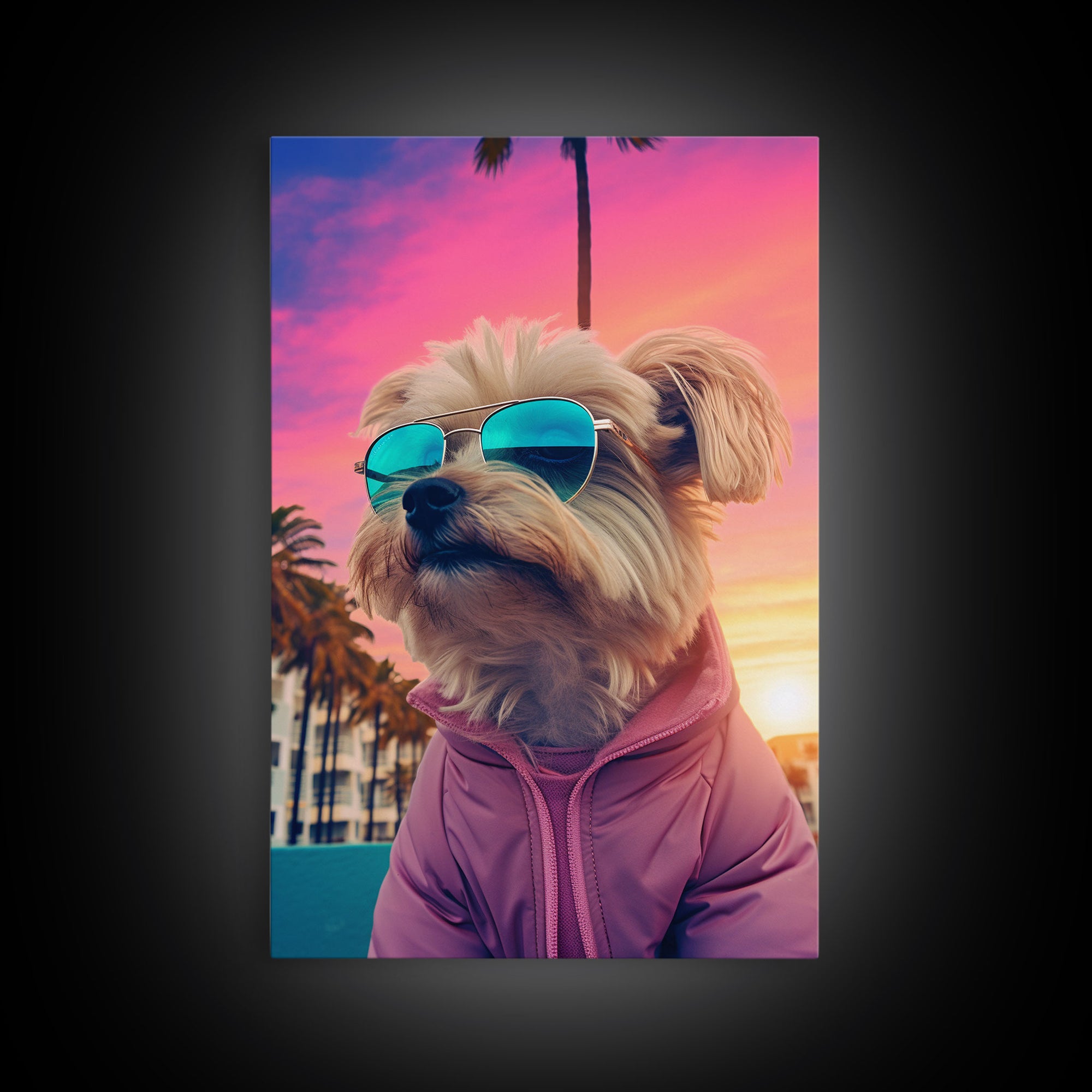 Shih Tzu Wall Print, Dog Print, Dog Sunglasses, Dog In Pink Jacket, Funny Art, Framed Wall Art, Framed Canvas, Wall Print, Wall Canvas