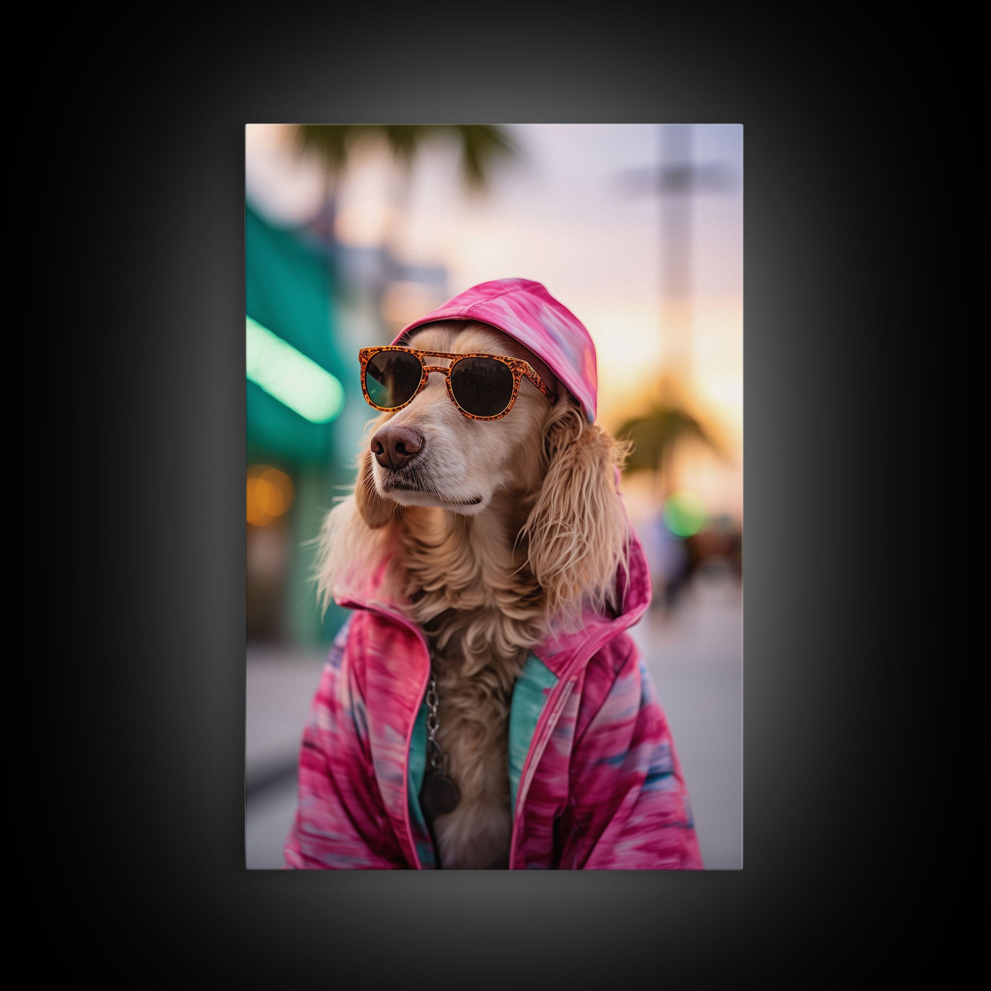 Cocker Spaniel In Sunglasses Pink Shirt Wall Print, Dog Portrait, Dog Art Print, Framed Wall Art, Framed Canvas, Wall Print, Wall Canvas