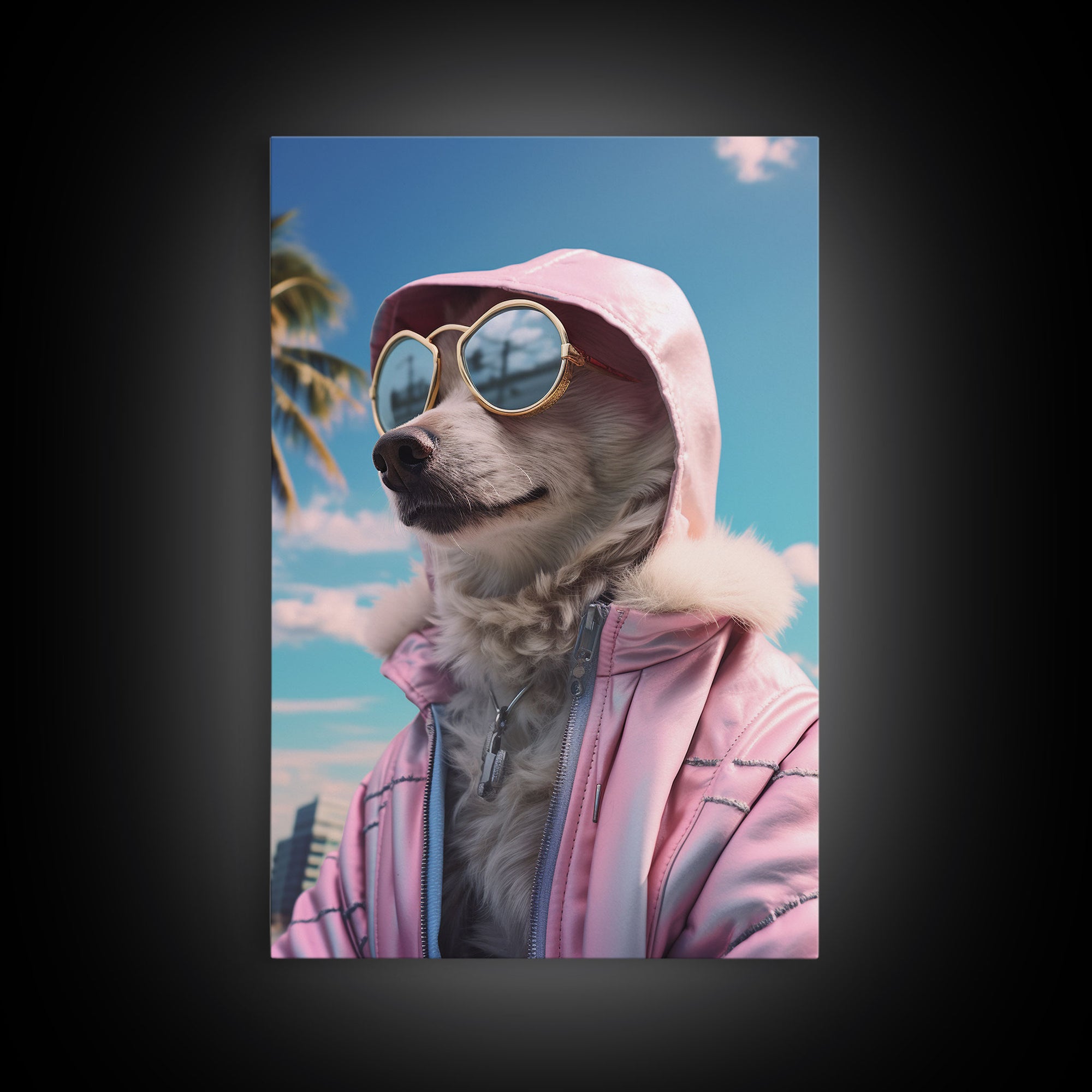 Japanese Spitz In Sunglasses Pink Hoodie Wall Print, Dog Portrait, Dog Art Print, Framed Wall Art, Framed Canvas, Wall Print, Wall Canvas