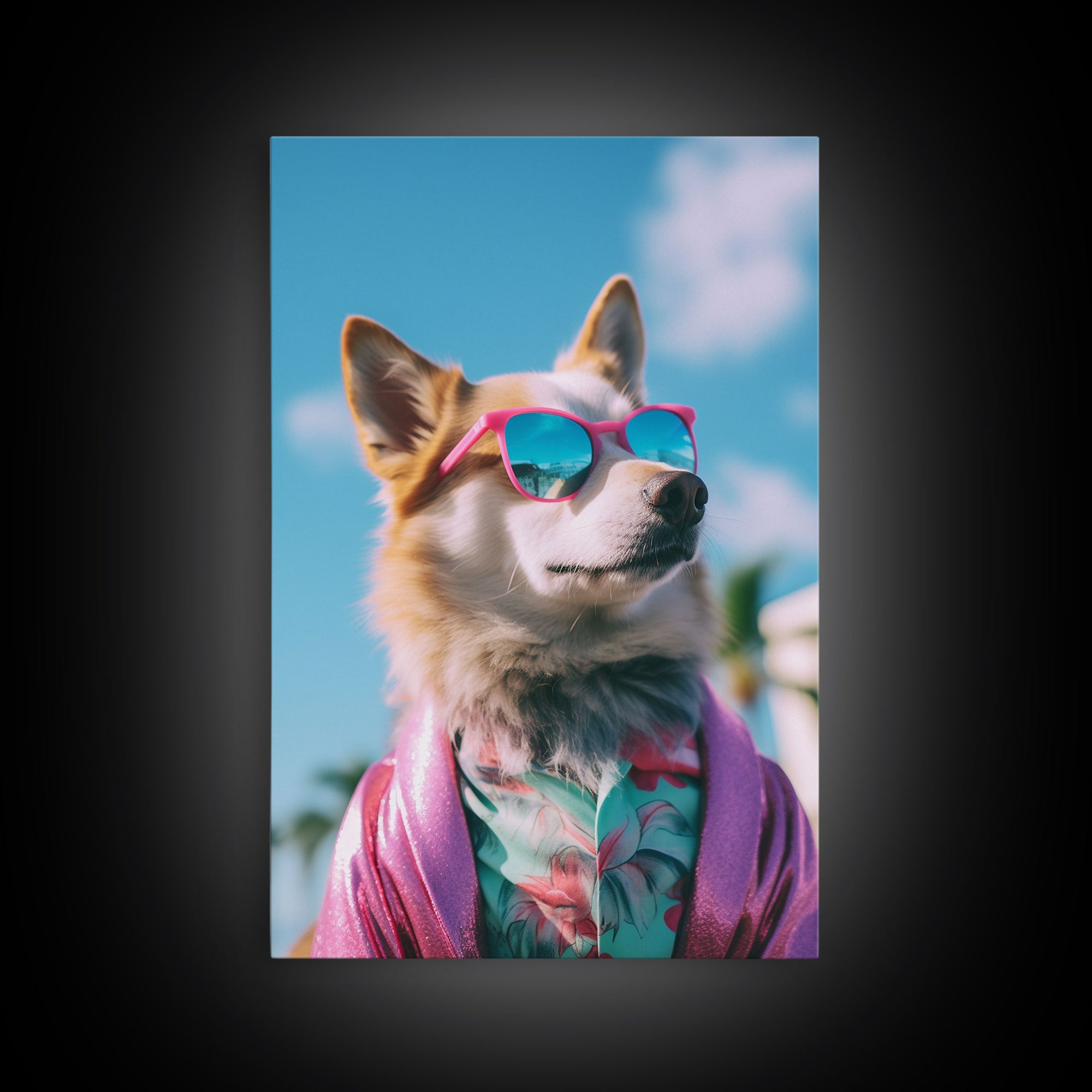 Corgi In Pink Suit Sunglasses Wall Print, Animal Print, Dog Portrait, Dog Art Print, Framed Wall Art, Framed Canvas, Wall Print, Wall Canvas