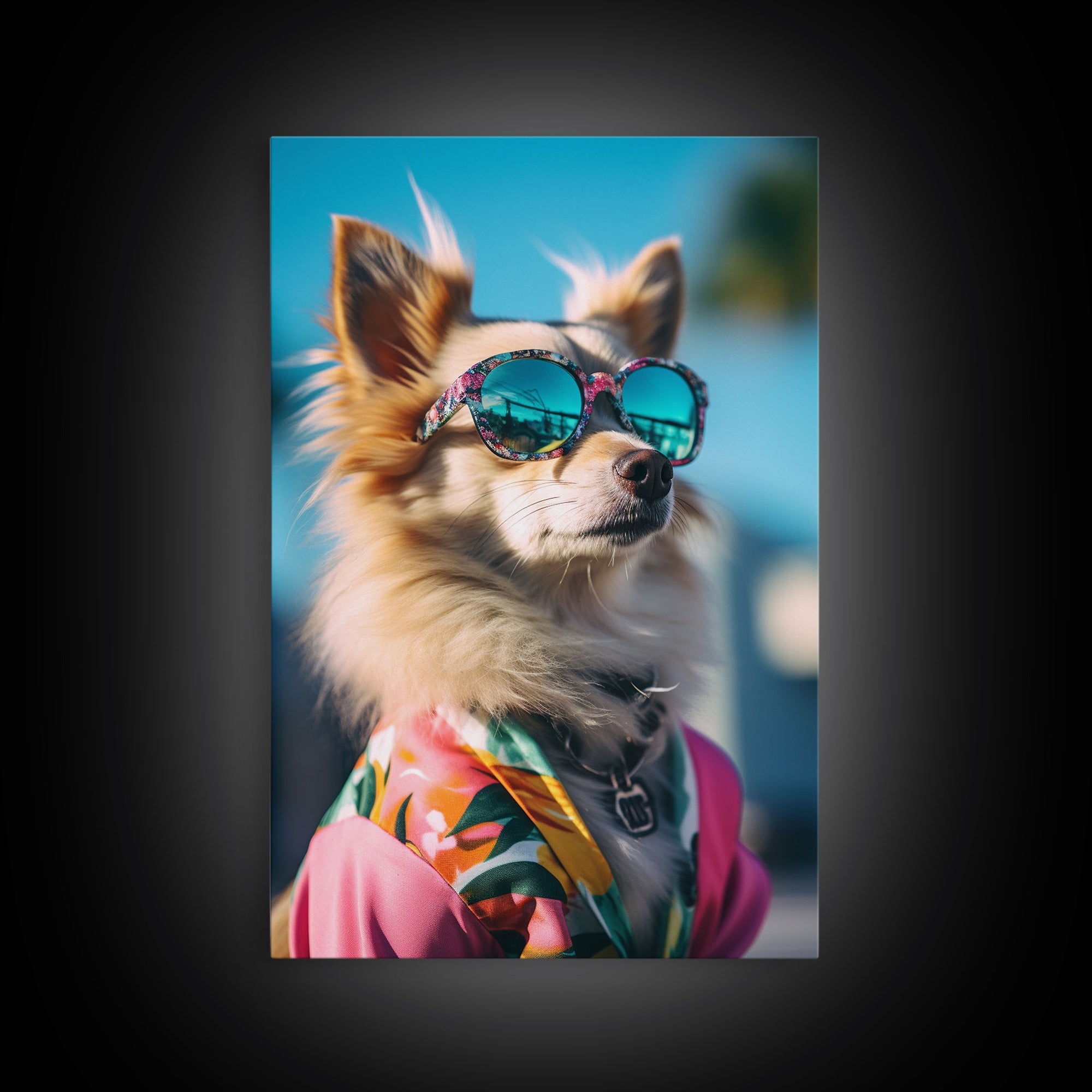 Long Haired Chihuahua In Pink Suit Sunglasses Wall Print, Dog Portrait, Dog Print, Framed Wall Art, Framed Canvas, Wall Print, Wall Canvas