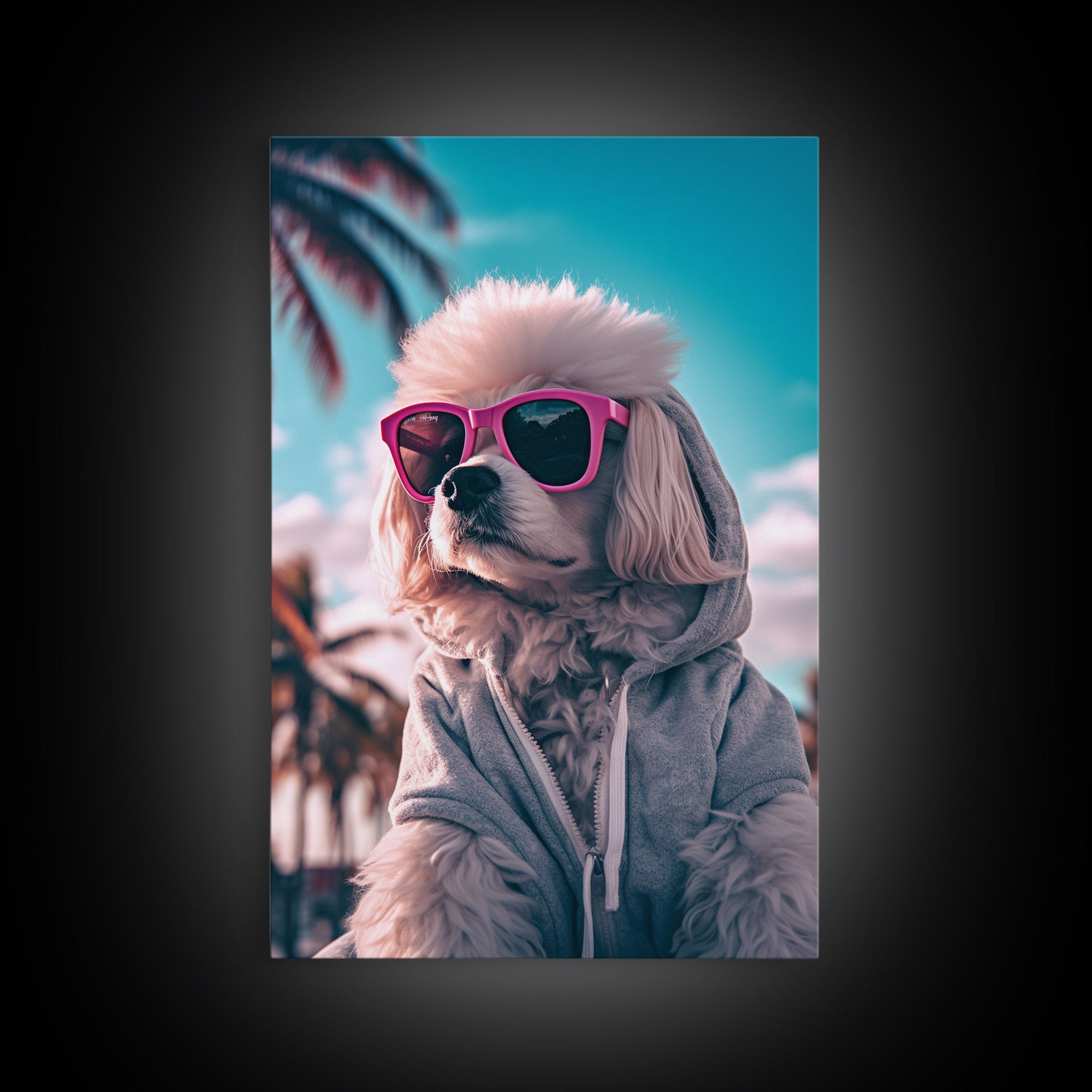 Poodle In Grey Hoodie Sunglasses Wall Print, Dog Art Print, Dog Portrait, Dog Print, Framed Wall Art, Framed Canvas, Wall Print, Wall Canvas