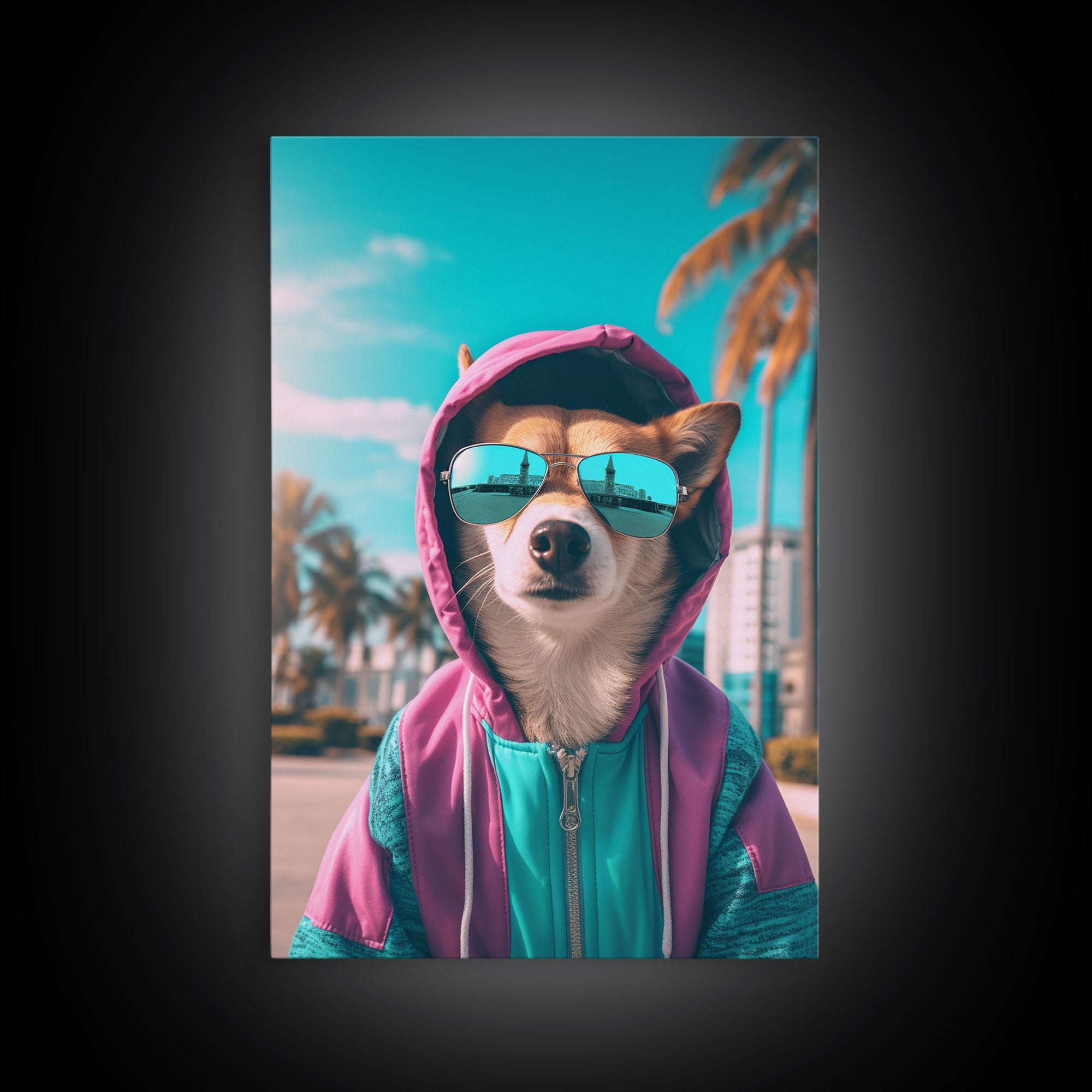 Corgi In Pink And Blue Hoodie Sunglasses Wall Print, Dog Art Print, Dog Portrait, Framed Wall Art, Framed Canvas, Wall Print, Wall Canvas