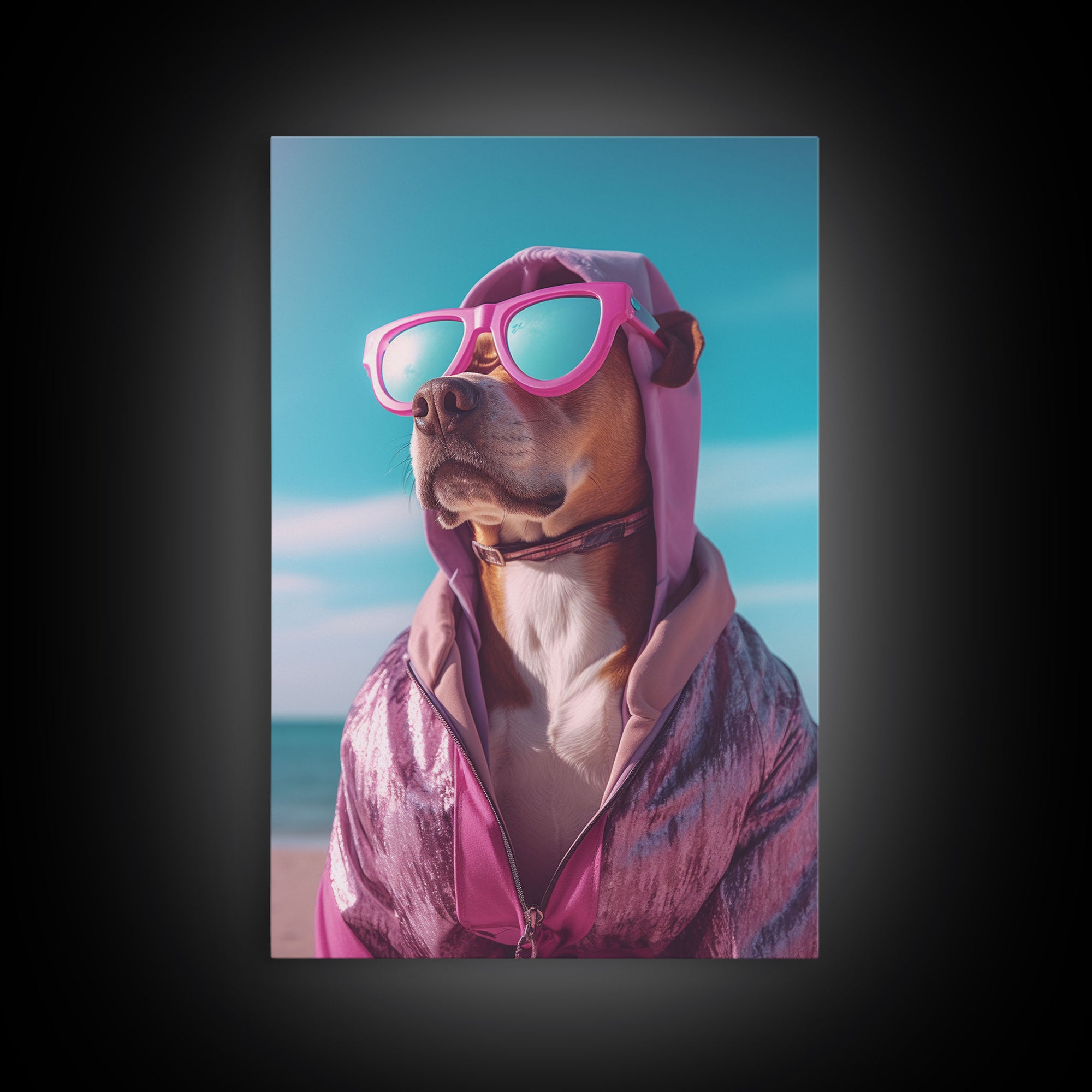 Pit Bull In Pink Hoodie Sunglasses Wall Print, Dog Décor, Dog Print, Dog Portrait, Framed Wall Art, Framed Canvas, Wall Print, Wall Canvas