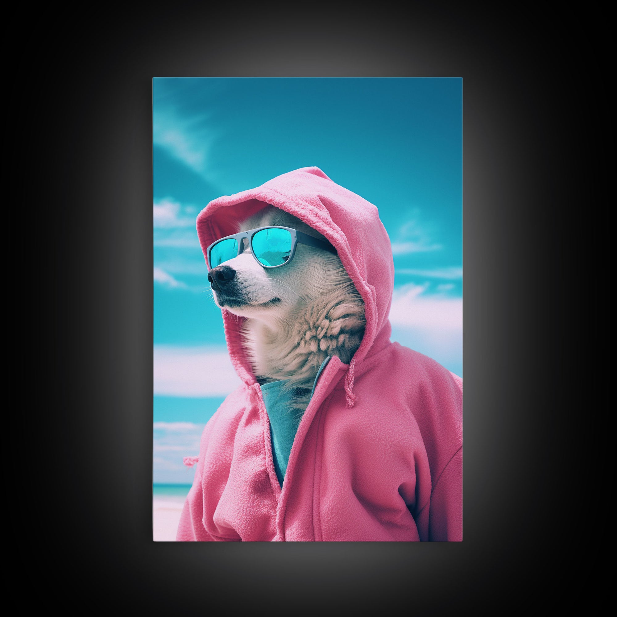 Husky In Pink Hoodie Sunglasses Wall Print, Dog Décor, Dog Print, Dog Portrait, Framed Wall Art, Framed Canvas, Wall Print, Wall Canvas