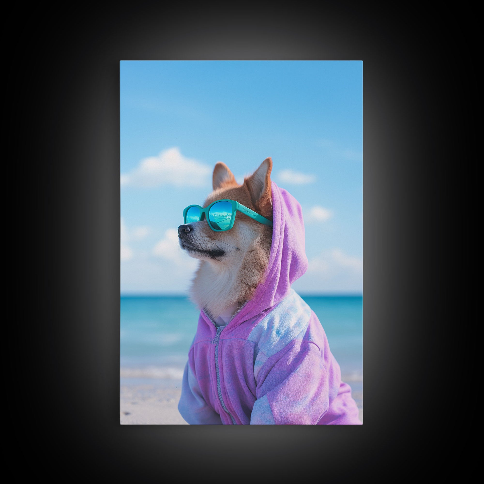 Corgi In Purple Hoodie Sunglasses Wall Print, Beach Art, Dog Print, Dog Portrait, Framed Wall Art, Framed Canvas, Wall Print, Wall Canvas