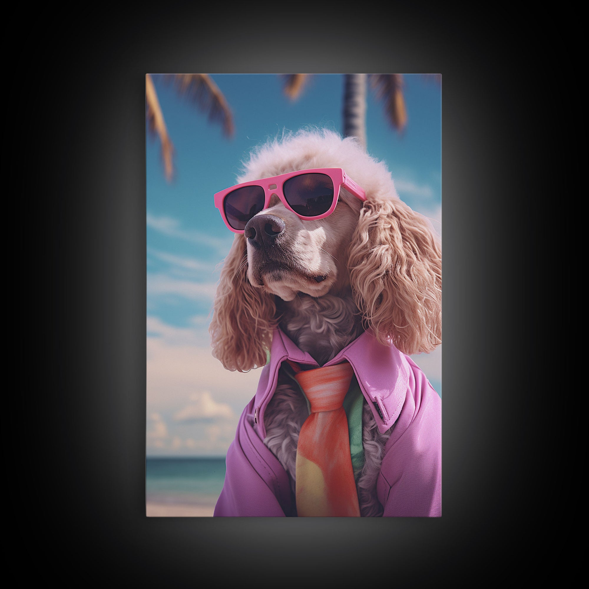 Poodle In Pink Shirt Sunglasses Wall Print, Beach Art, Dog Print, Dog Portrait, Framed Wall Art, Framed Canvas, Wall Print, Wall Canvas