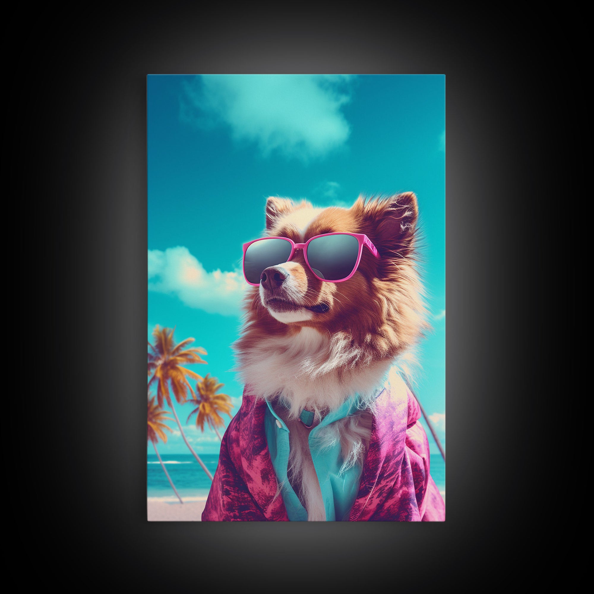 Pomeranian In Pink Shirt Sunglasses Wall Print, Beach Art, Dog Print, Dog Portrait, Framed Wall Art, Framed Canvas, Wall Print, Wall Canvas