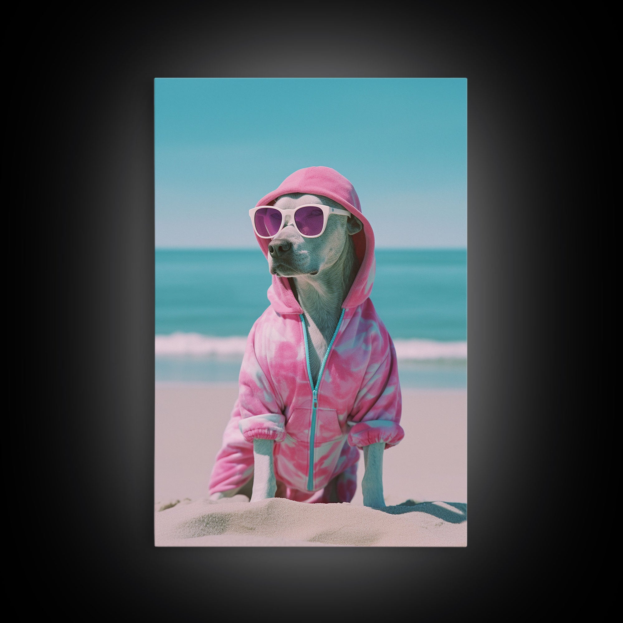 Labrador In Pink Hoodie Sunglasses Wall Print, Beach Art, Dog Print, Dog Portrait, Framed Wall Art, Framed Canvas, Wall Print, Wall Canvas