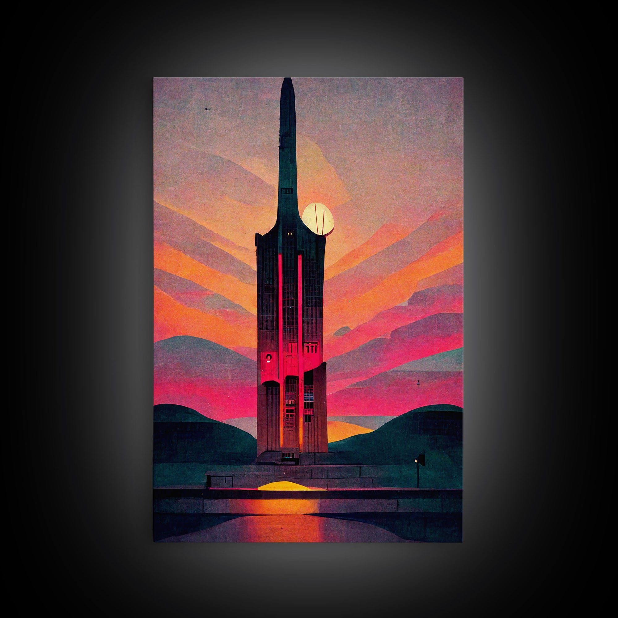 Spooky full moon art deco architecture wall art, Art Deco clock tower canvas print, Art Deco Skyscraper, Ready To Hang