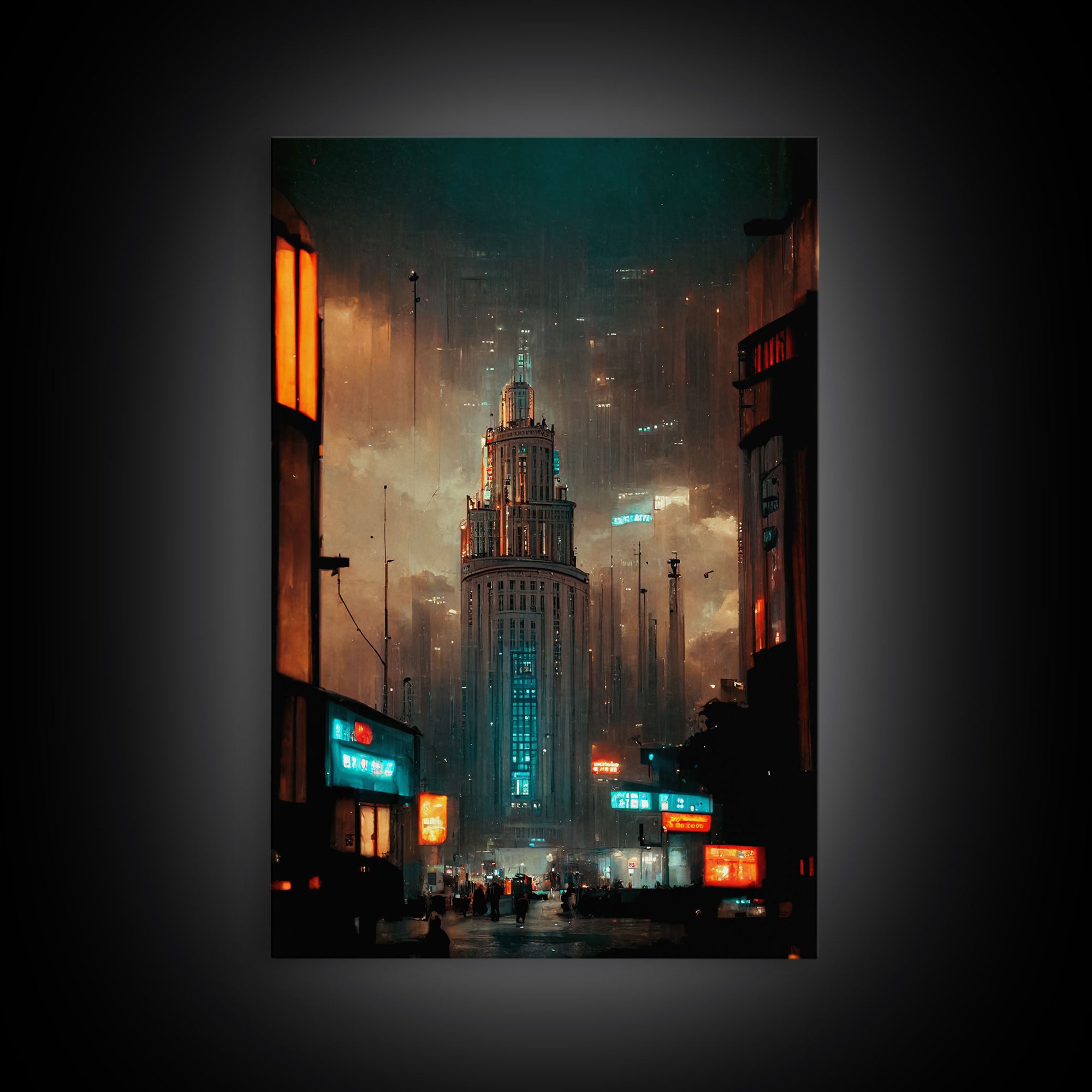 Art Deco Cyberpunk Cityscape Canvas Print, Scifi art, cool wall art for mancave, dystopian art, architecture