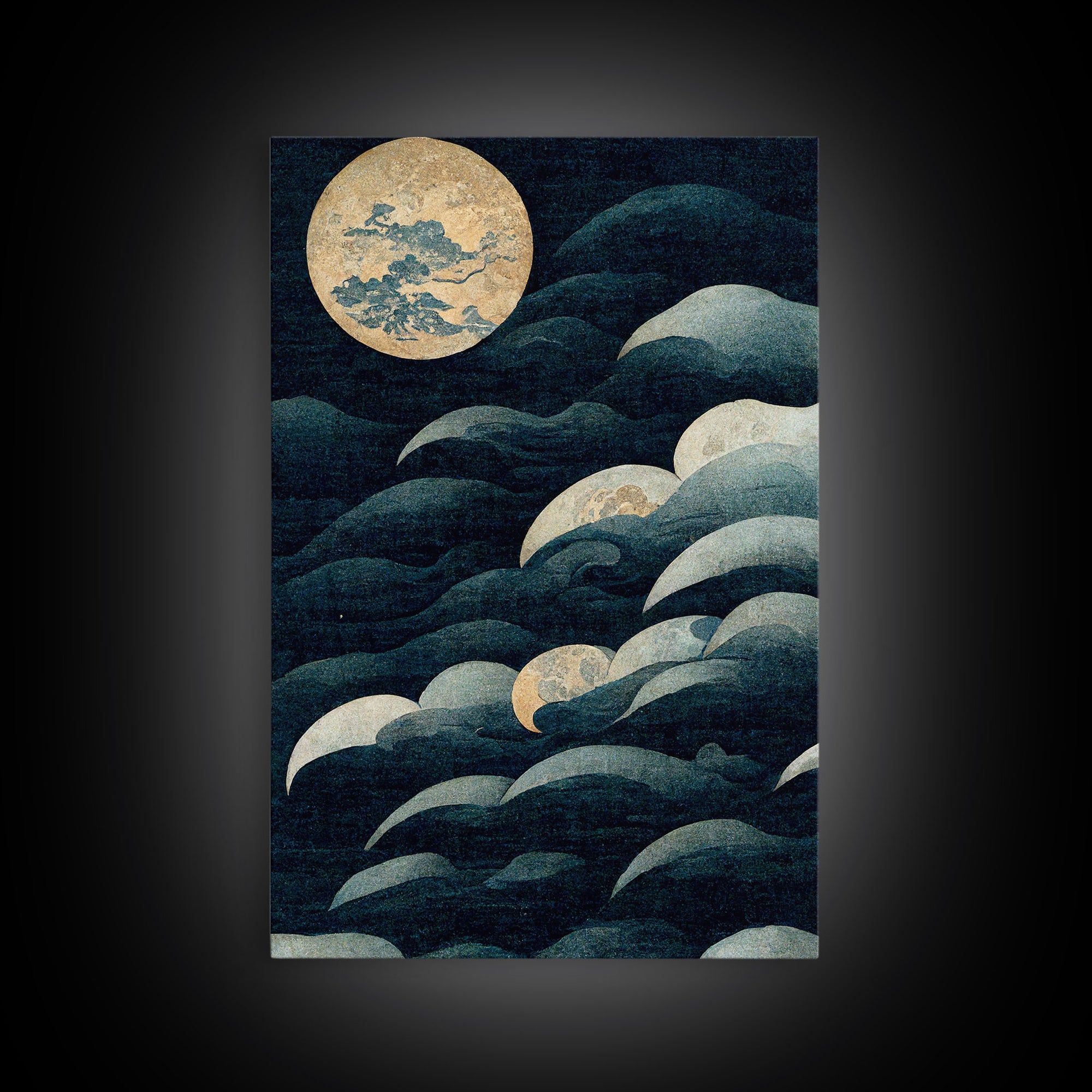 Japanese Style Wall Art, A Stormy Sea and Full Moon, Canvas Print, ready to hang wall art