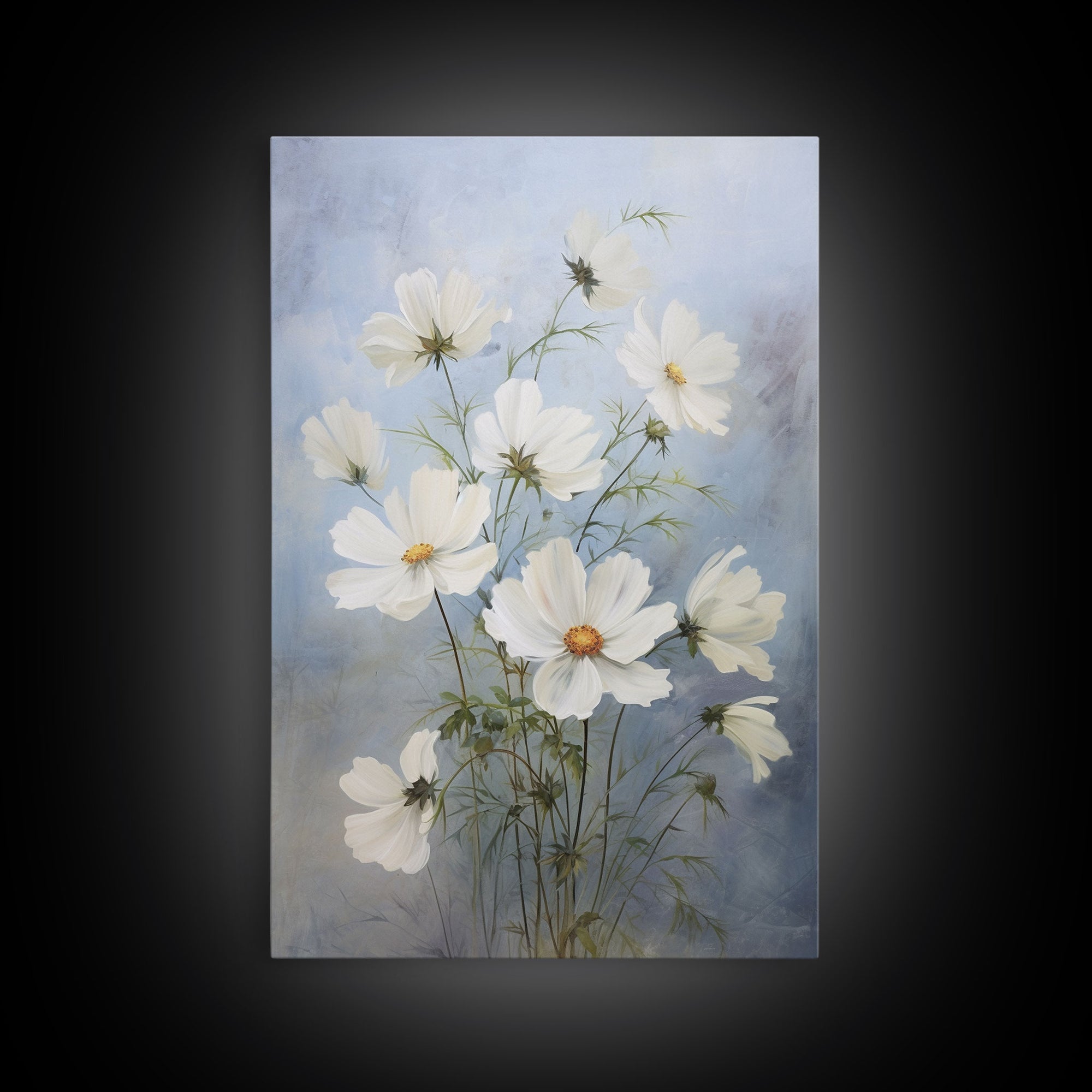 Cosmos Art Print - Framed Canvas Art - Oil Painting Poster Print  - White Flowers Still Life - Small Flower Bouquet Oil Painting Wall Art