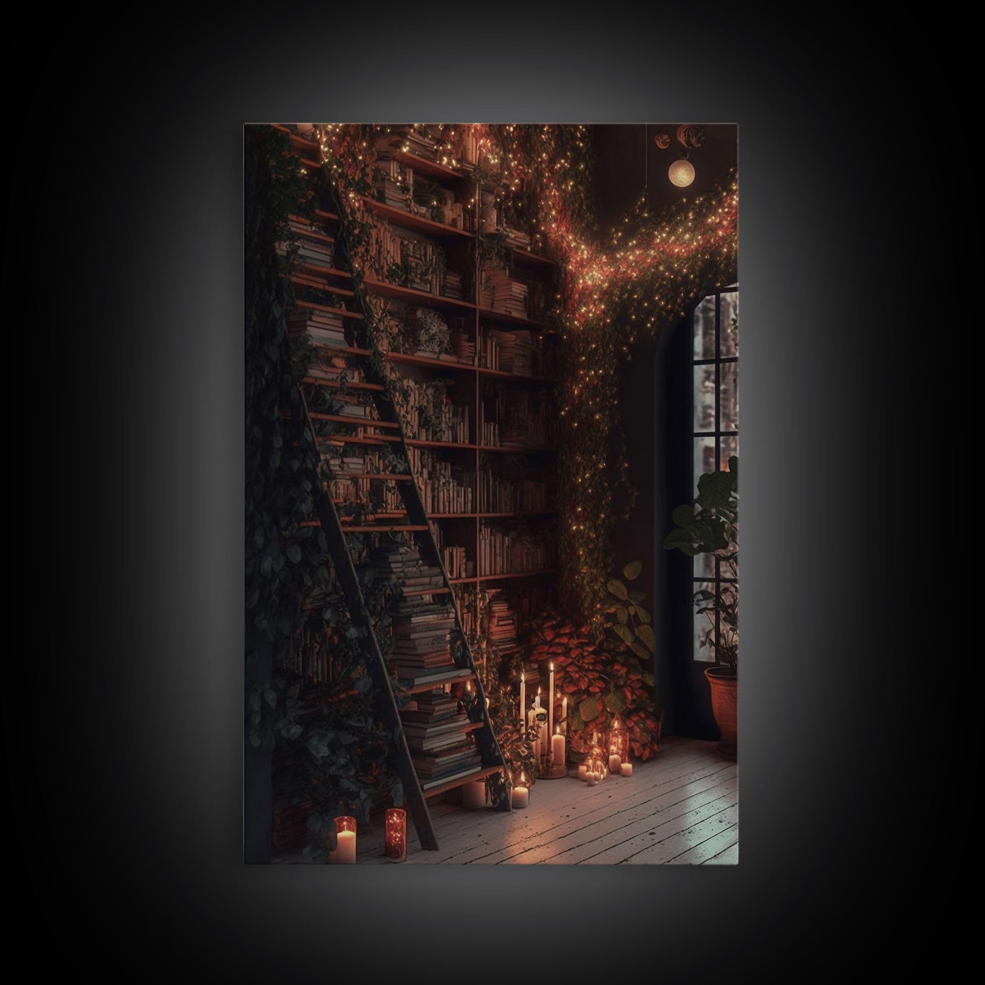 The Winter Library, Victorian Era Library with Ladder Art, Framed Canvas Print, Unique wall decor