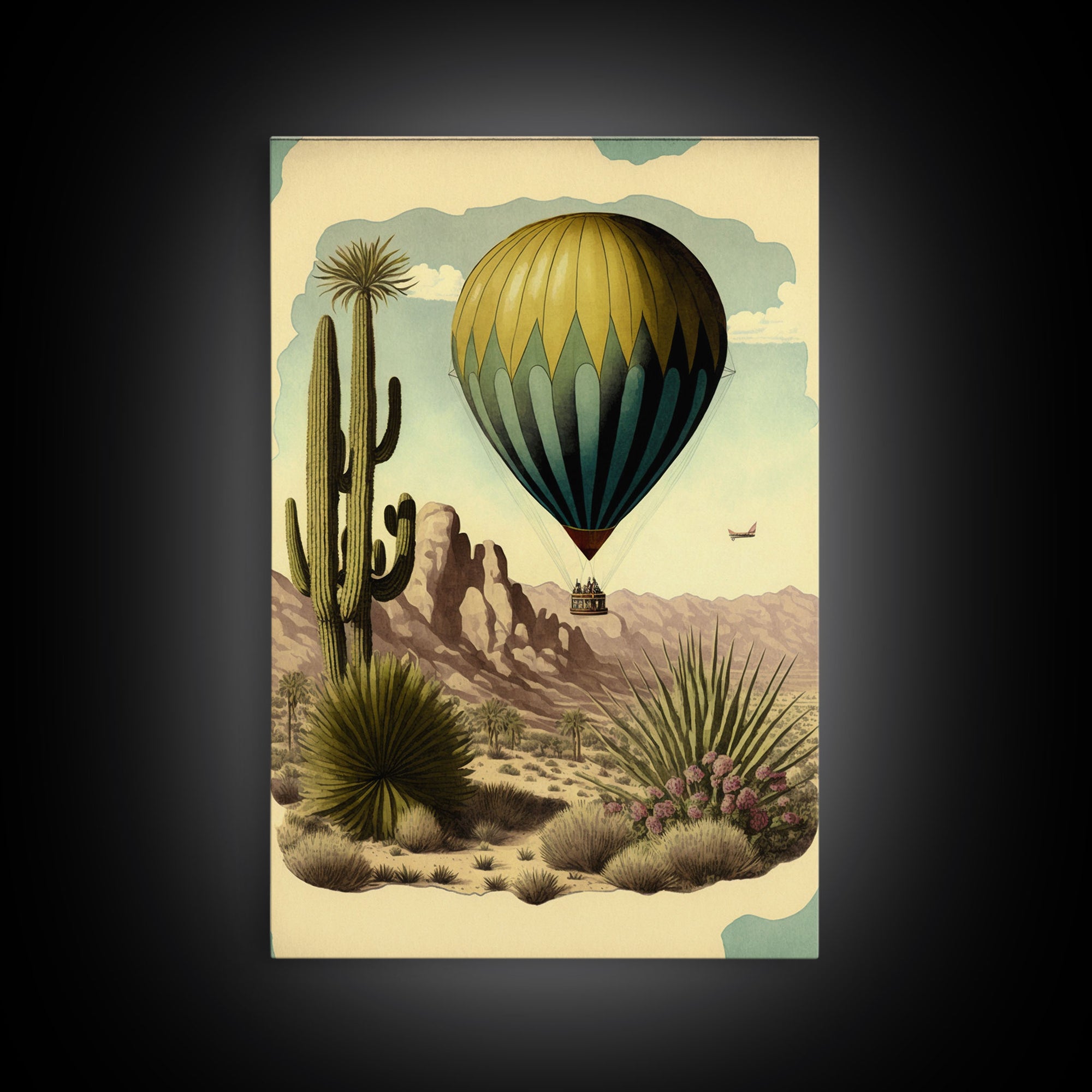 Retro Art Deco Style Hot Air Balloon Art, Framed Canvas print, framed wall art, desert landscape with cactus