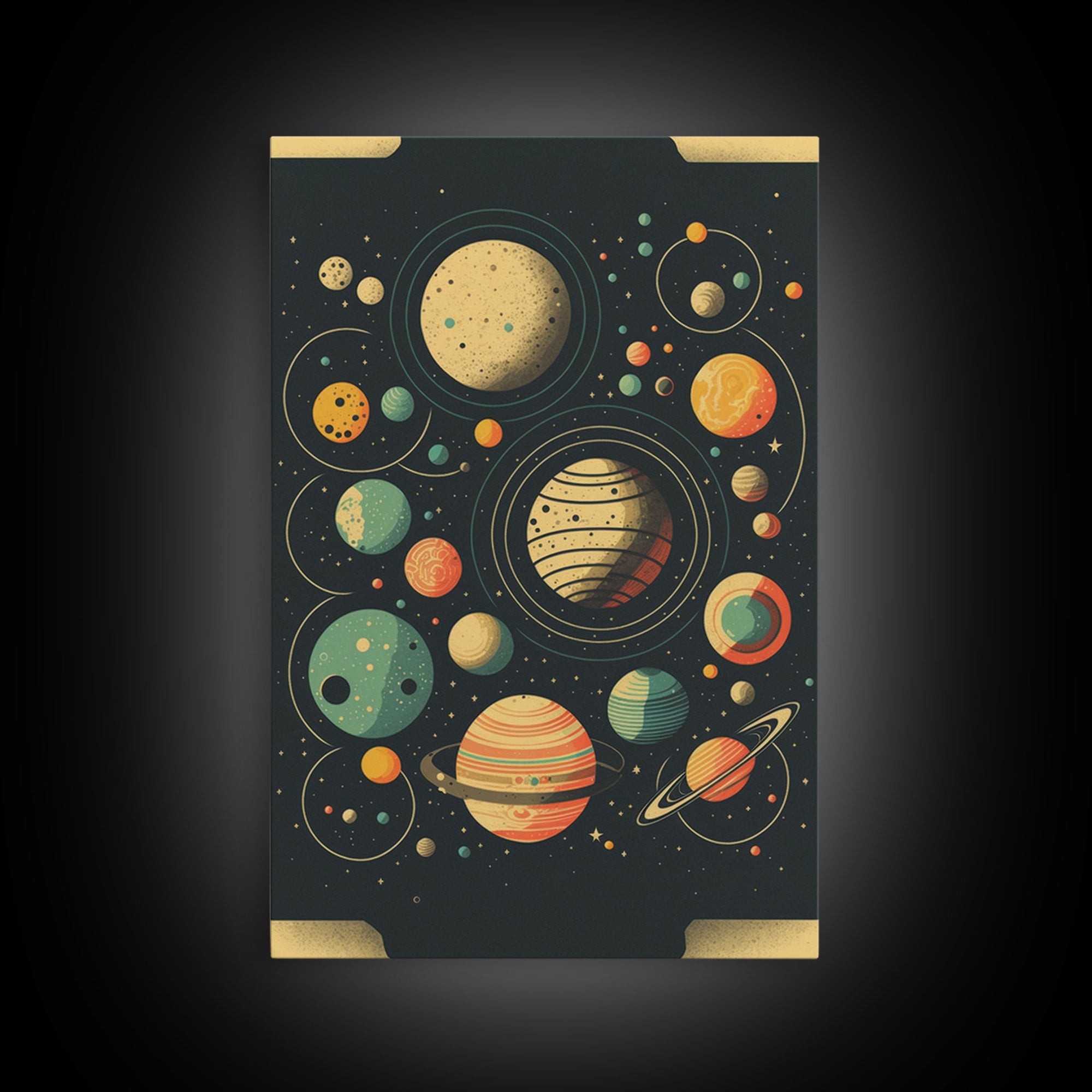 Art Deco Inspired Planetary Solar System Art, Framed Canvas Print, Cute Nursery Decor