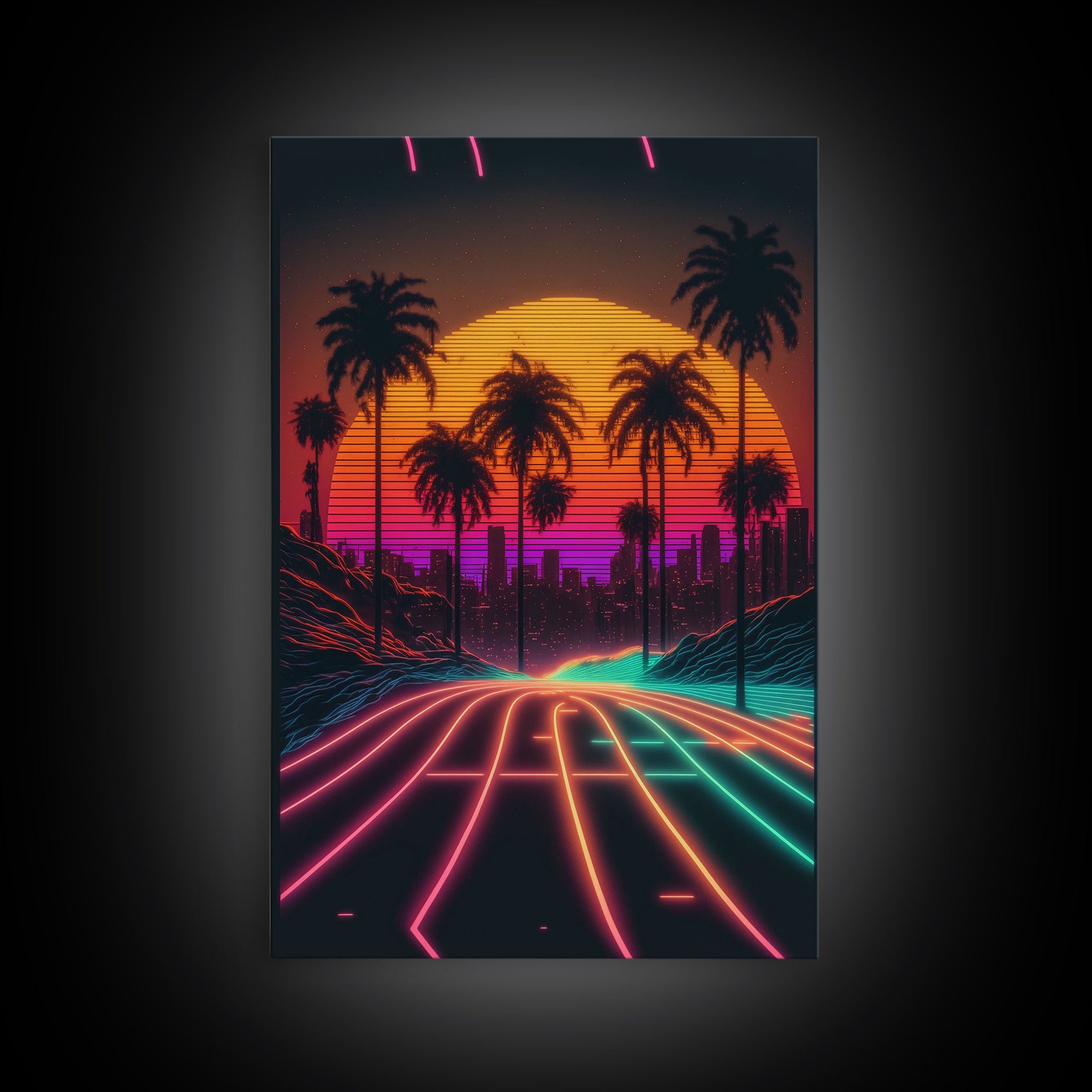 Neon Wireframe Road at Sunset, Outrun / Synthwave Palm Tree Art, 80s Retro Inspired Art, Framed Canvas Print