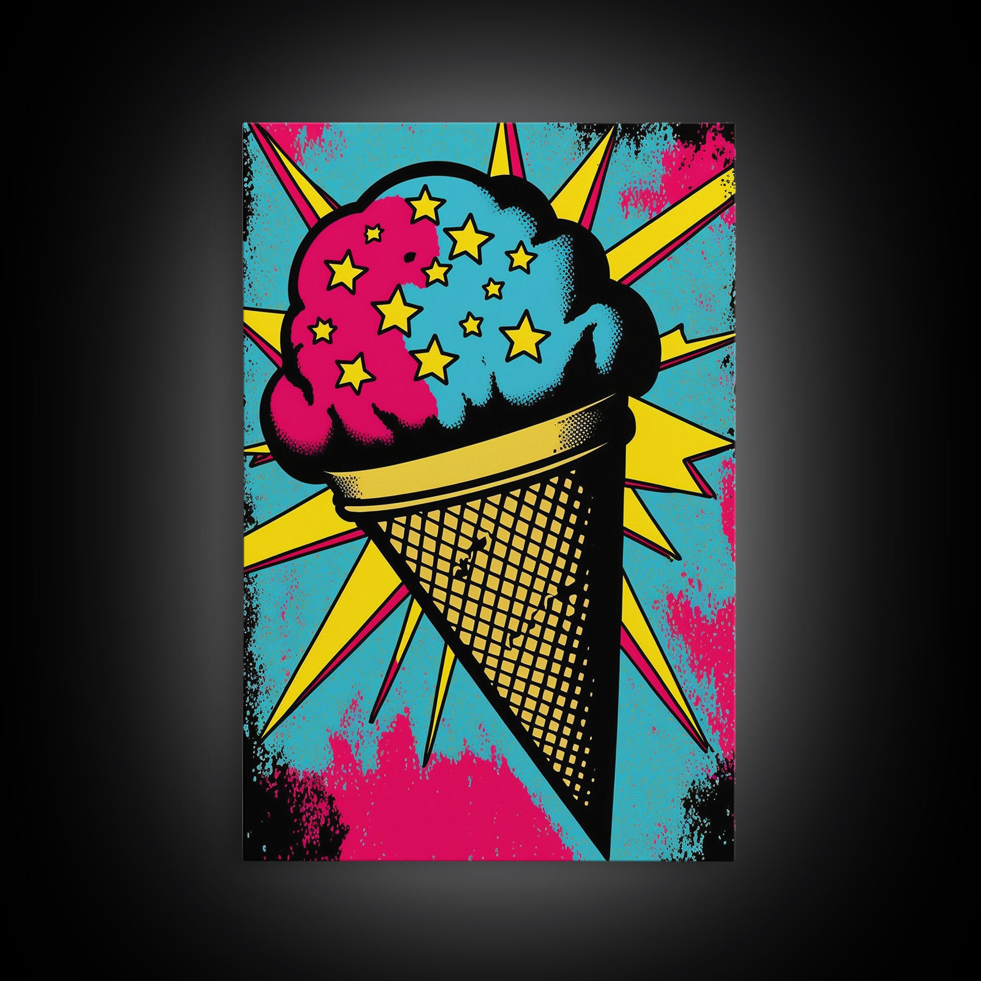 Pop Art Ice Cream, Psychedelic Ice cream cone, framed canvas print, large wall art, wall decoration, ice cream shop art