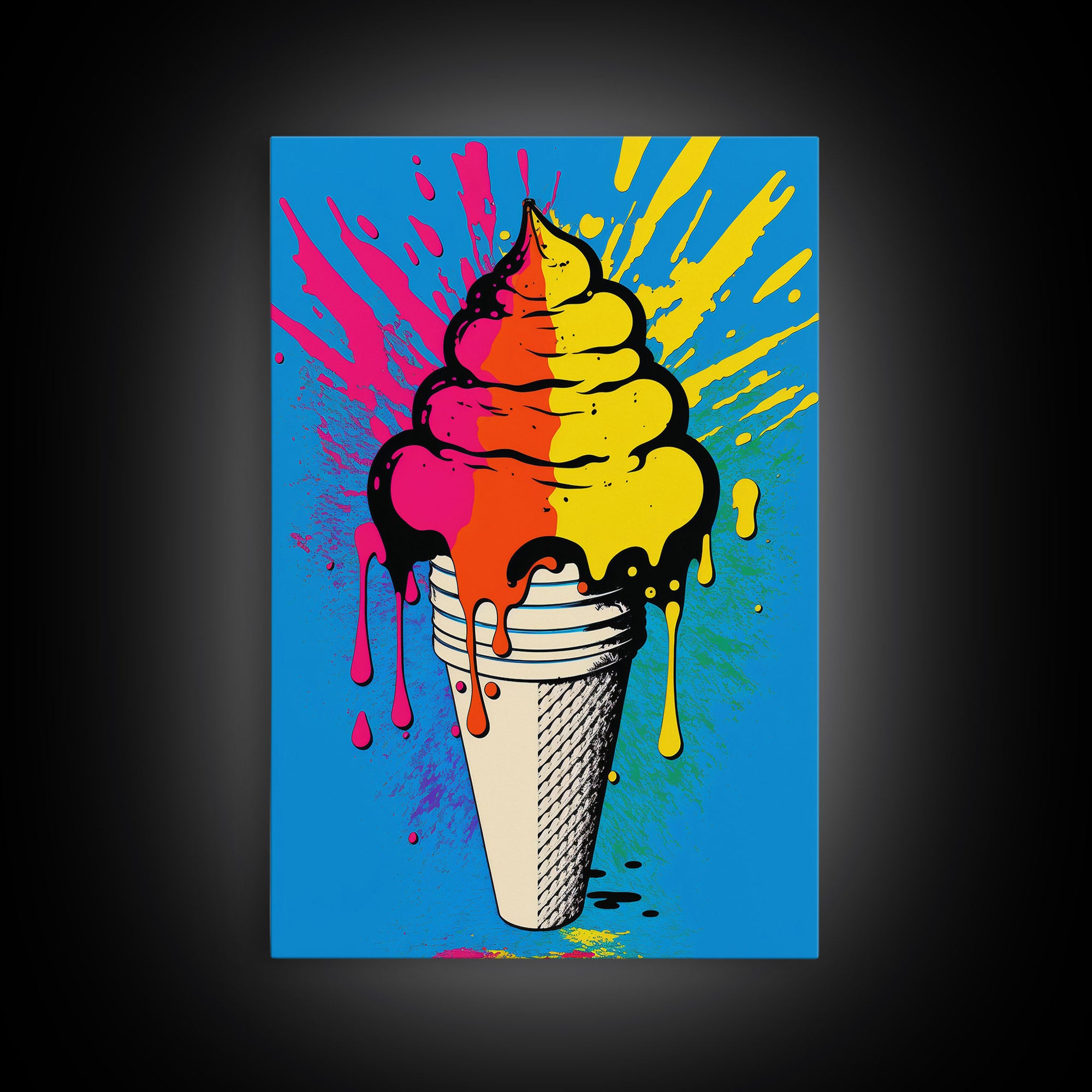 Pop Art Graffiti Ice Cream, Framed Canvas Print, Unique Colorful Wall Art, Paint Splatter Graffiti art, large wall art home decor