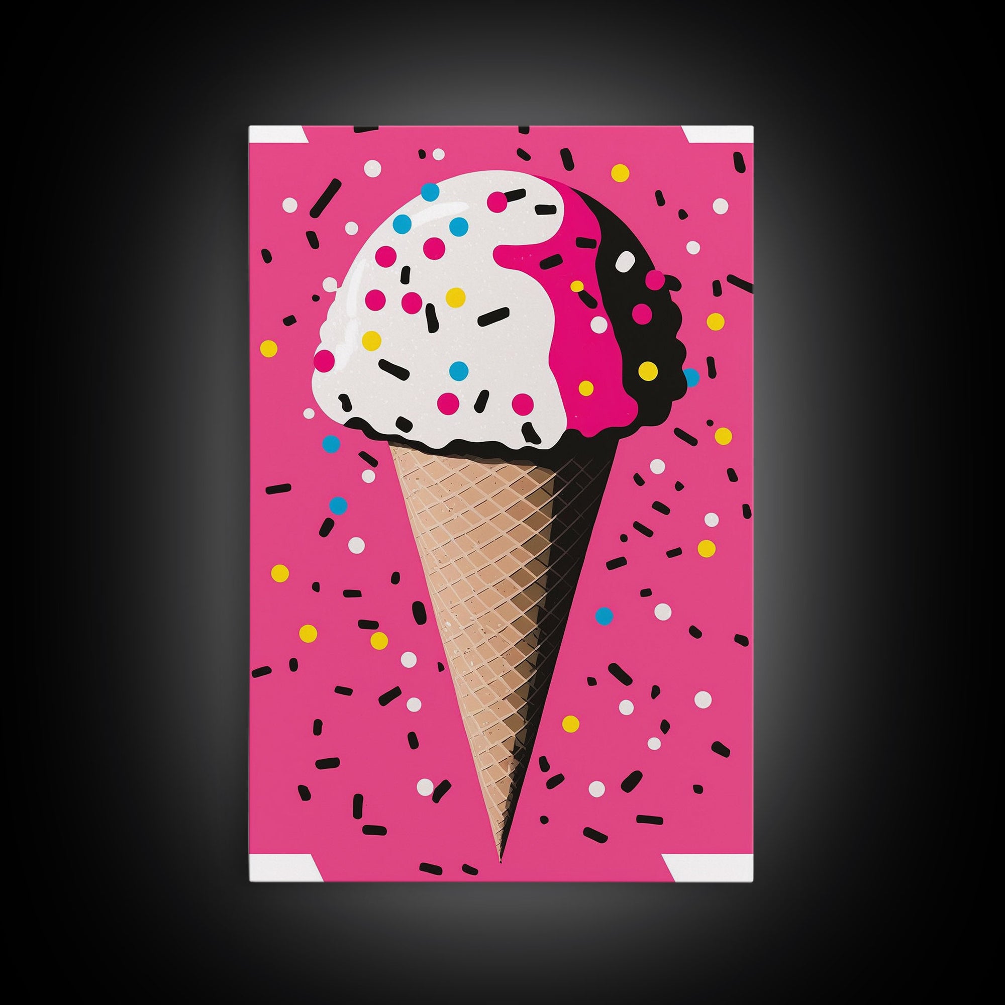 Pop Art Graffiti Ice Cream With Sprinkles, Framed Canvas Print, Colorful Wall Art, Paint Splatter Graffiti art, large wall art home decor