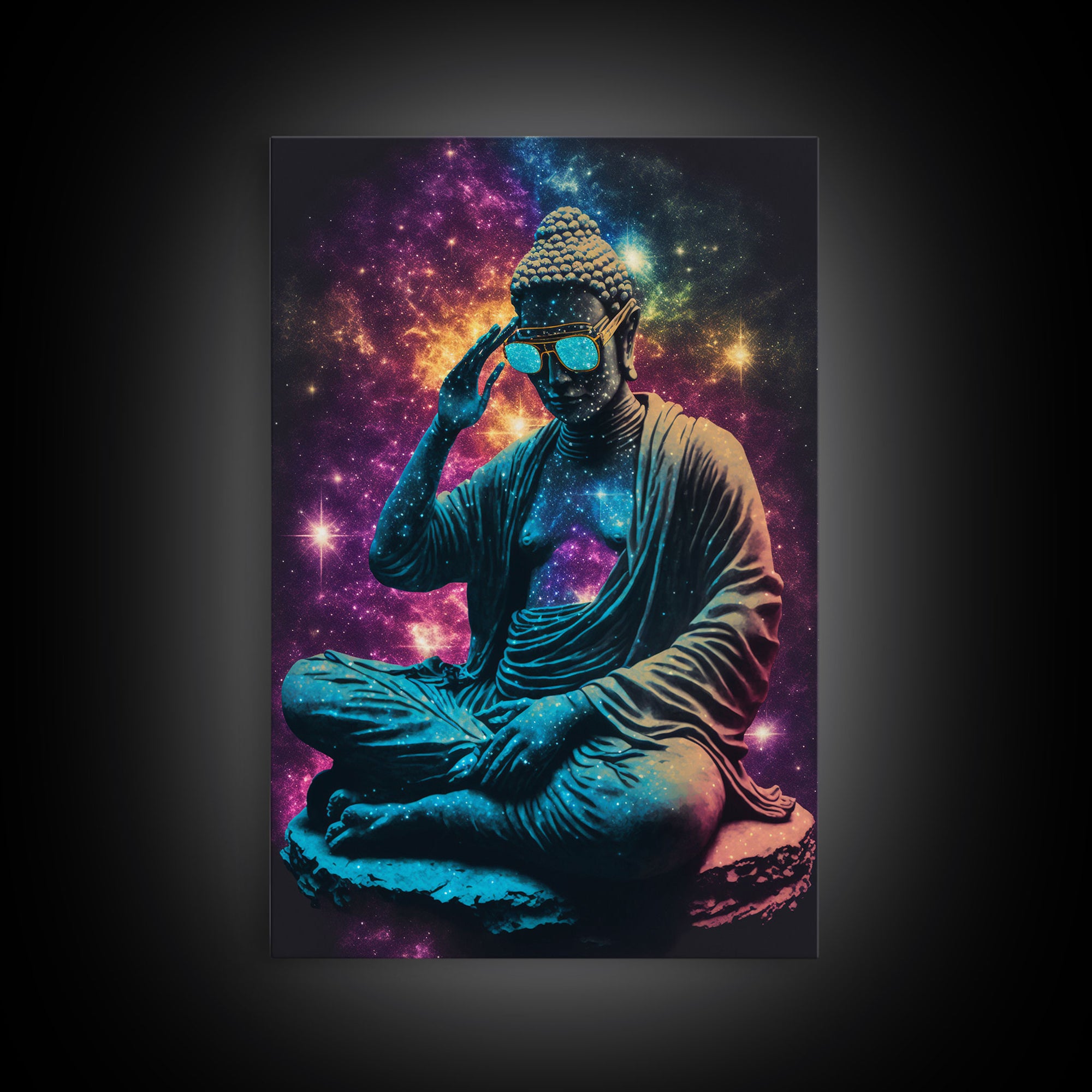 Psychedelic Buddha Wearing Aviators / Sunglasses, Meditation Art, Framed Canvas Print