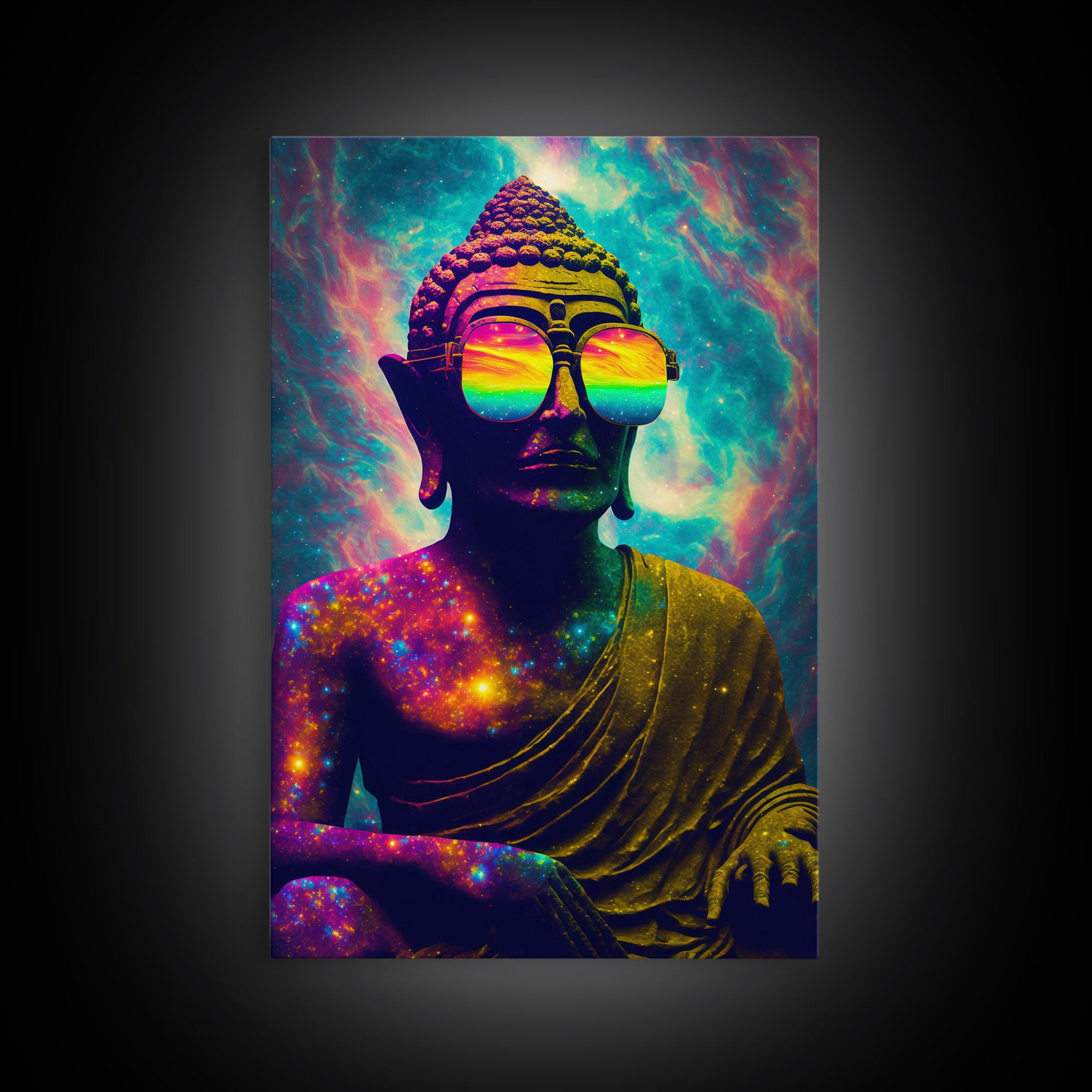 Open Your Mind, Psychedelic Buddha Wearing Aviators / Sunglasses, Meditation Art, Framed Canvas Print, Color Pop Art