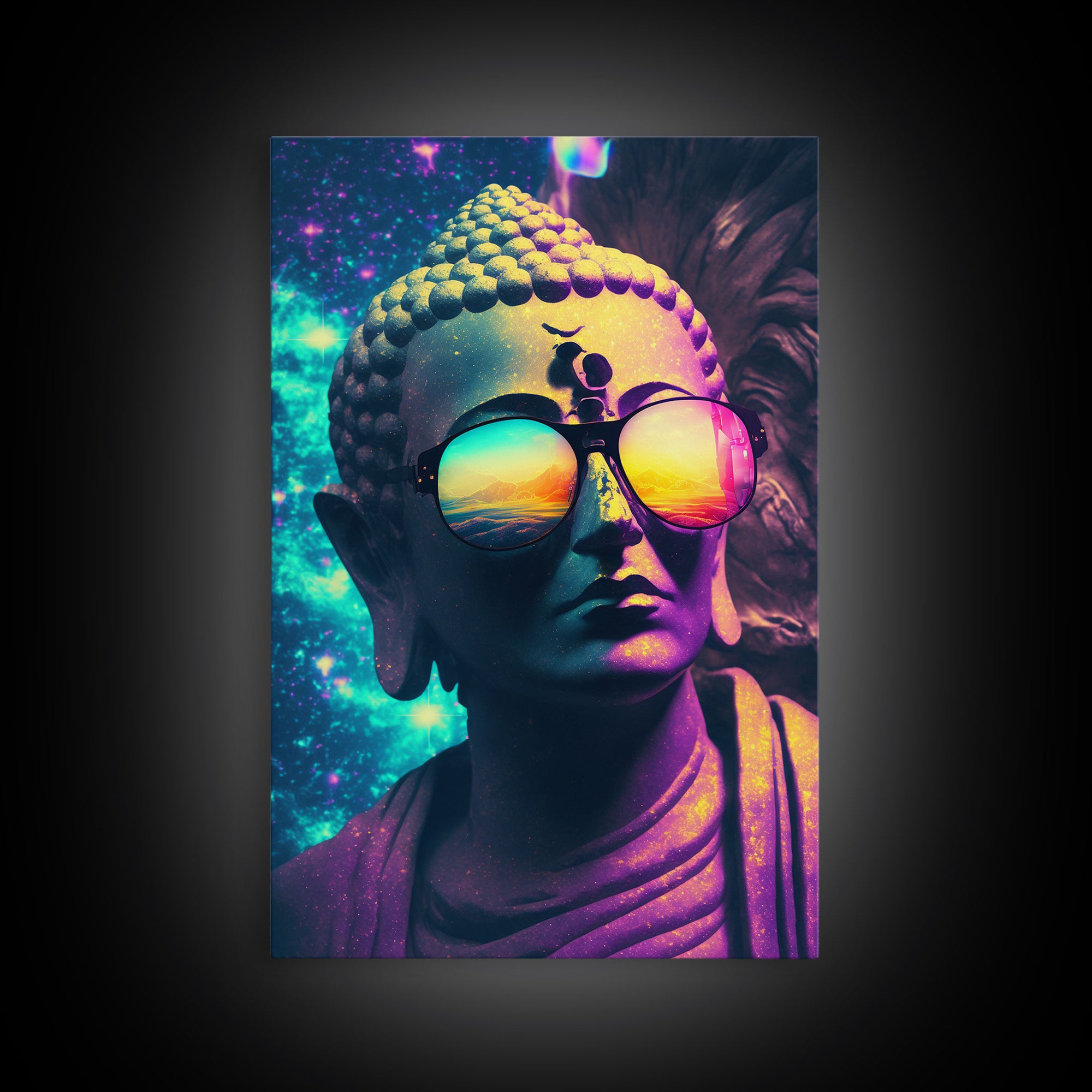 Open Your Mind, Psychedelic Buddha Statue Wearing Aviators / Sunglasses, Meditation Art, Framed Canvas Print, Color Pop Art