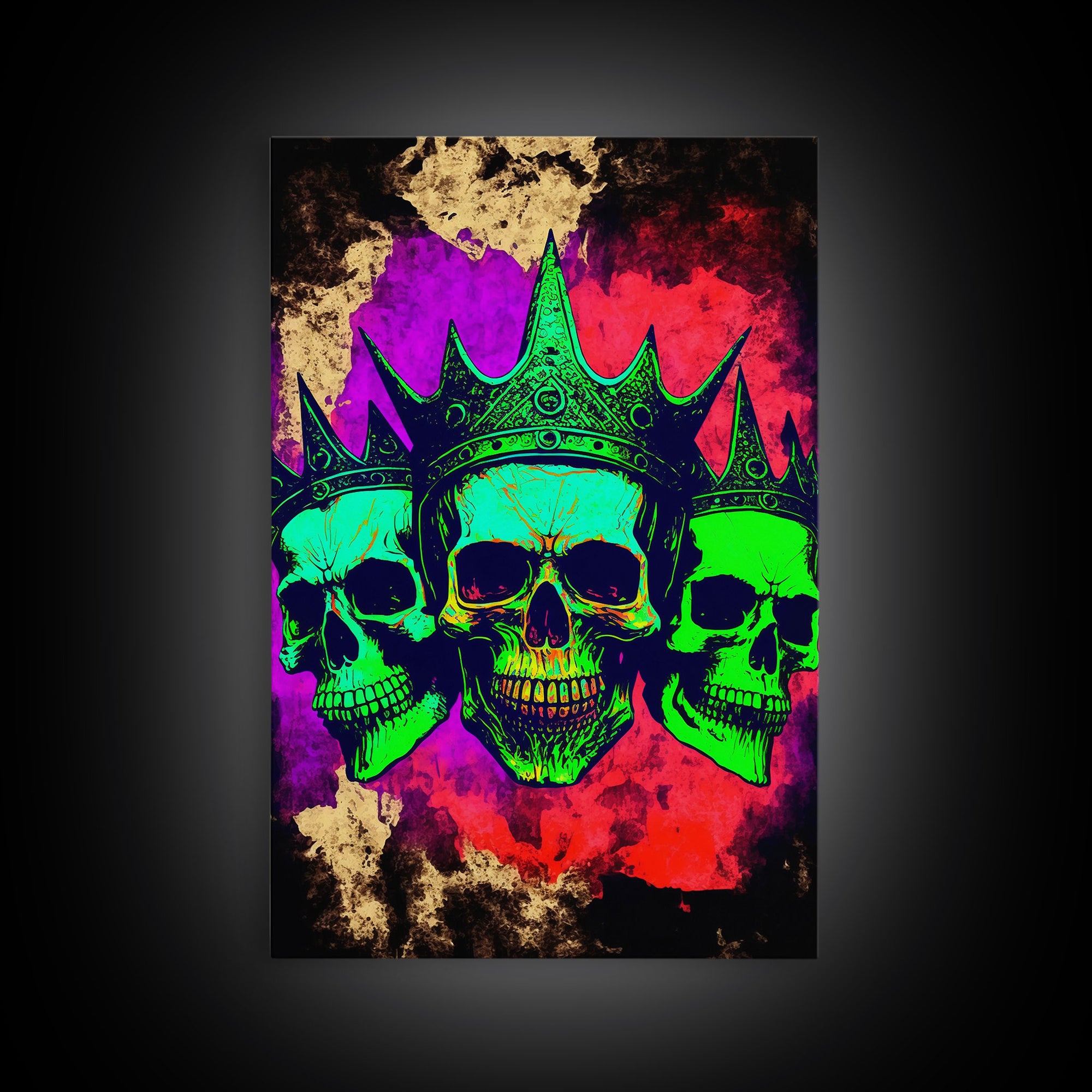 Psychedelic Skull With The Gold Crown, Framed Canvas Print, Unique Fantasy Undead Wall Art, Trippy Art