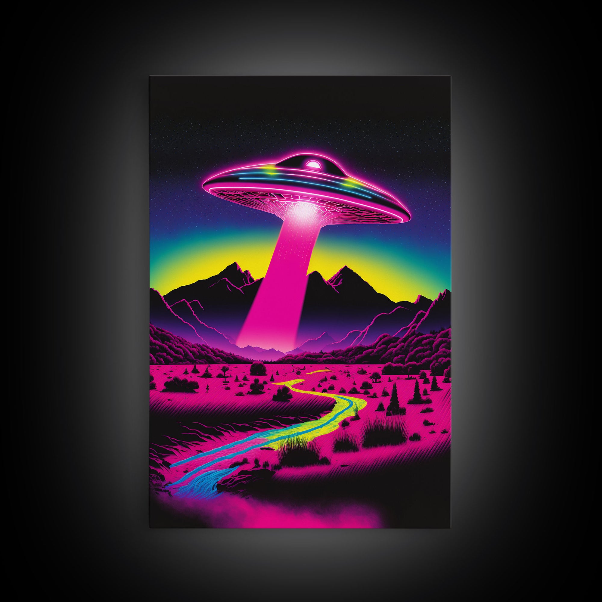 Psychedelic UFO Art, The Abduction, Retro 80s Style Scifi Art, Framed Canvas Print