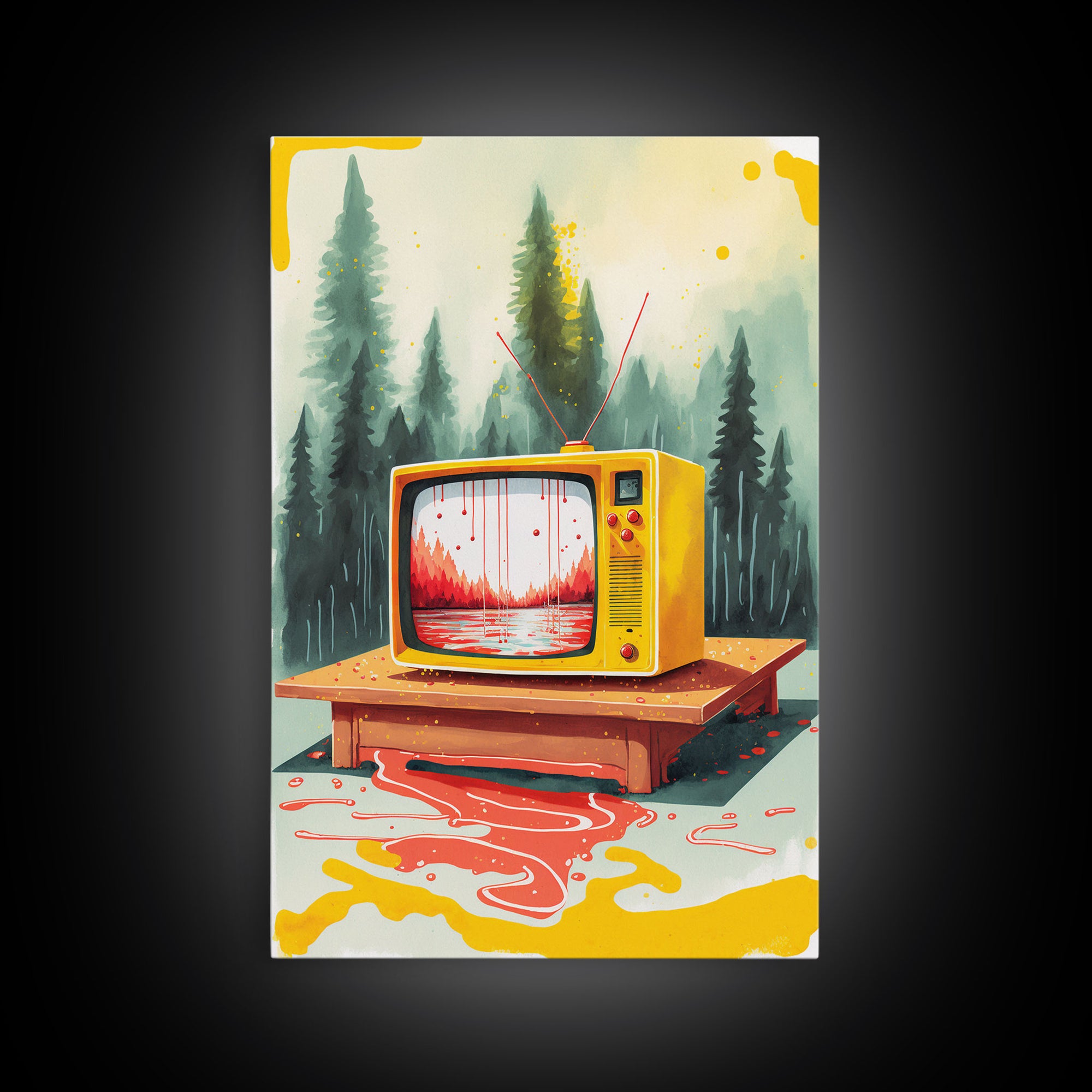 Abstract Surreal Landscape Art, Framed Canvas Print, Retro TV in a Forest, Weird / Strange Home Decor