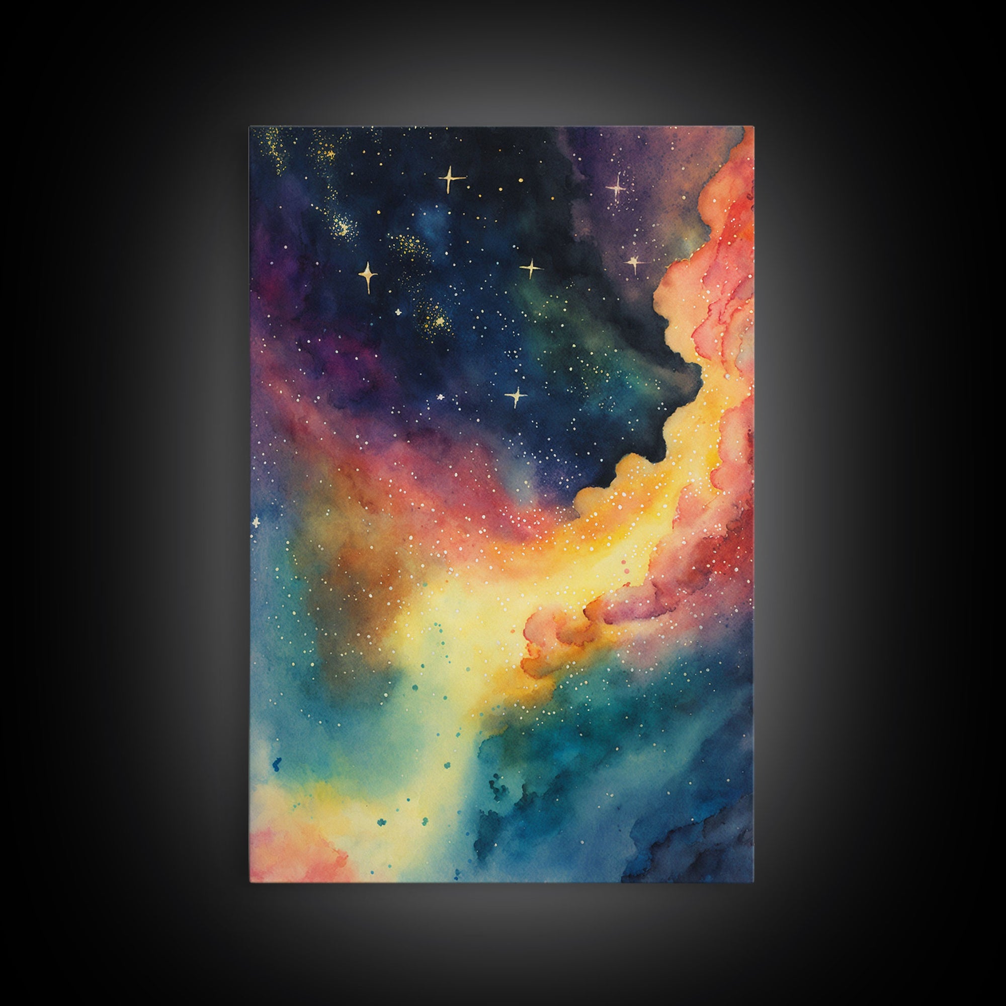 The Rainbow Nebula, Deep Space Art, Framed Canvas Print, Watercolor Painting of Space