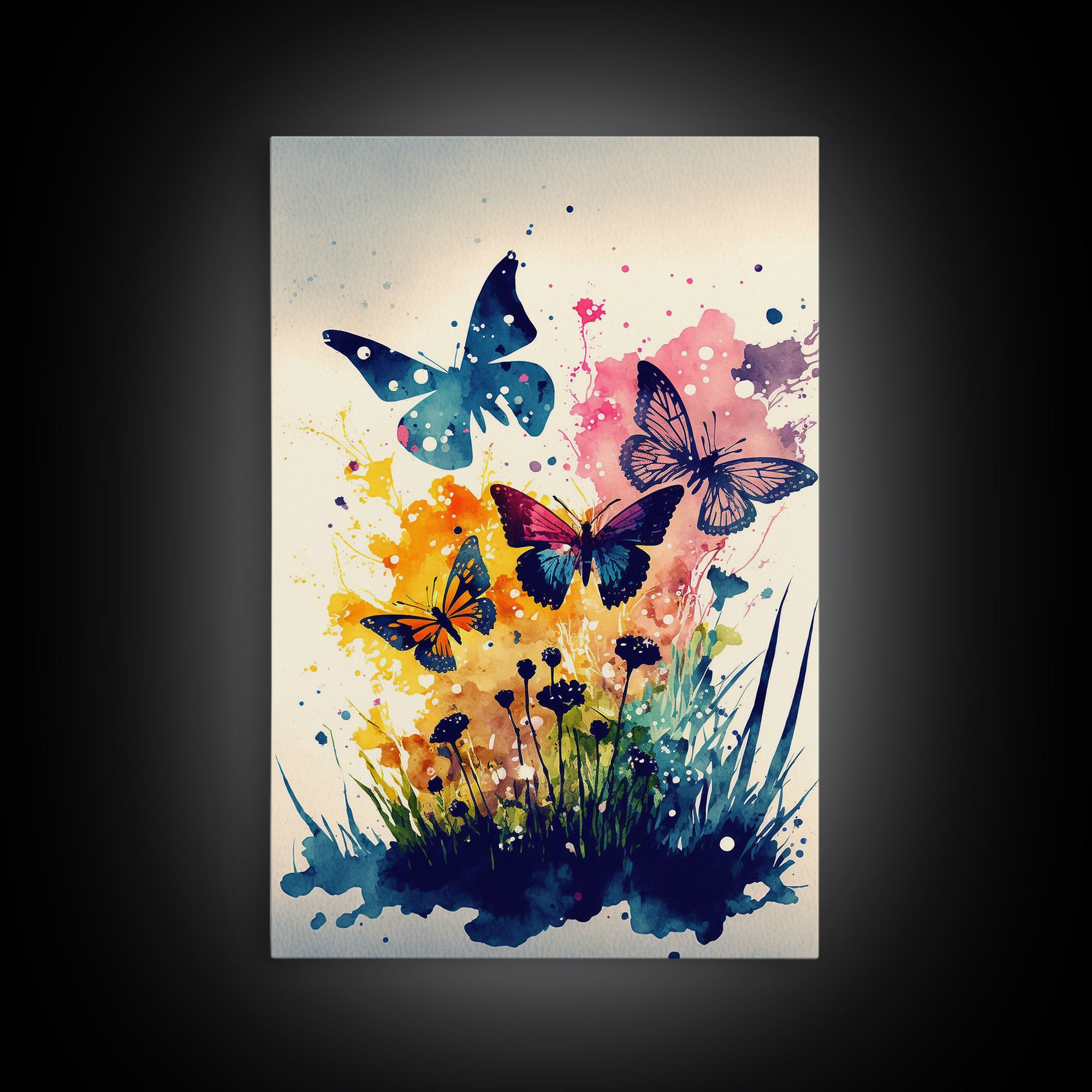 Watercolor Painting Of Butterfly and Wild Flowers, Framed Canvas Print, Colorful Living Room Wall Arrt