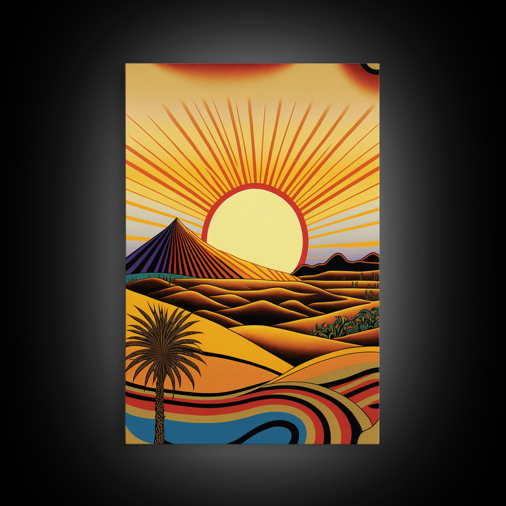 Art Deco Style Desert Landscape Painting Canvas Print, Framed Canvas Art, Unique Arizona Pueblo Style Southwestern Art