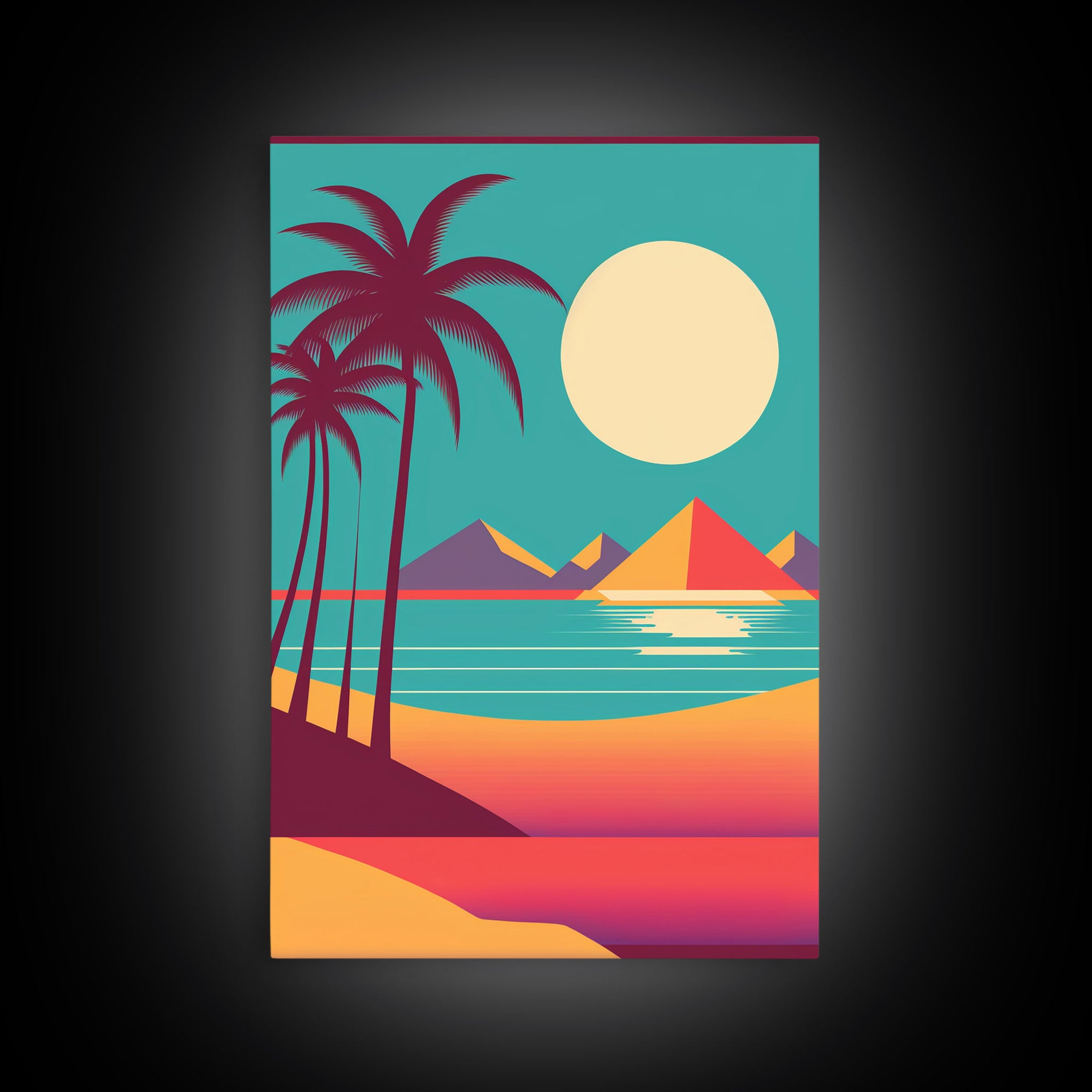 Midcentury Modern Wall Art, Mid Century Modern, 3 Piece Framed Canvas, 3 Panel Art, Triptych Art, Vaporwave Palm Trees and Sunset, 80s Retro