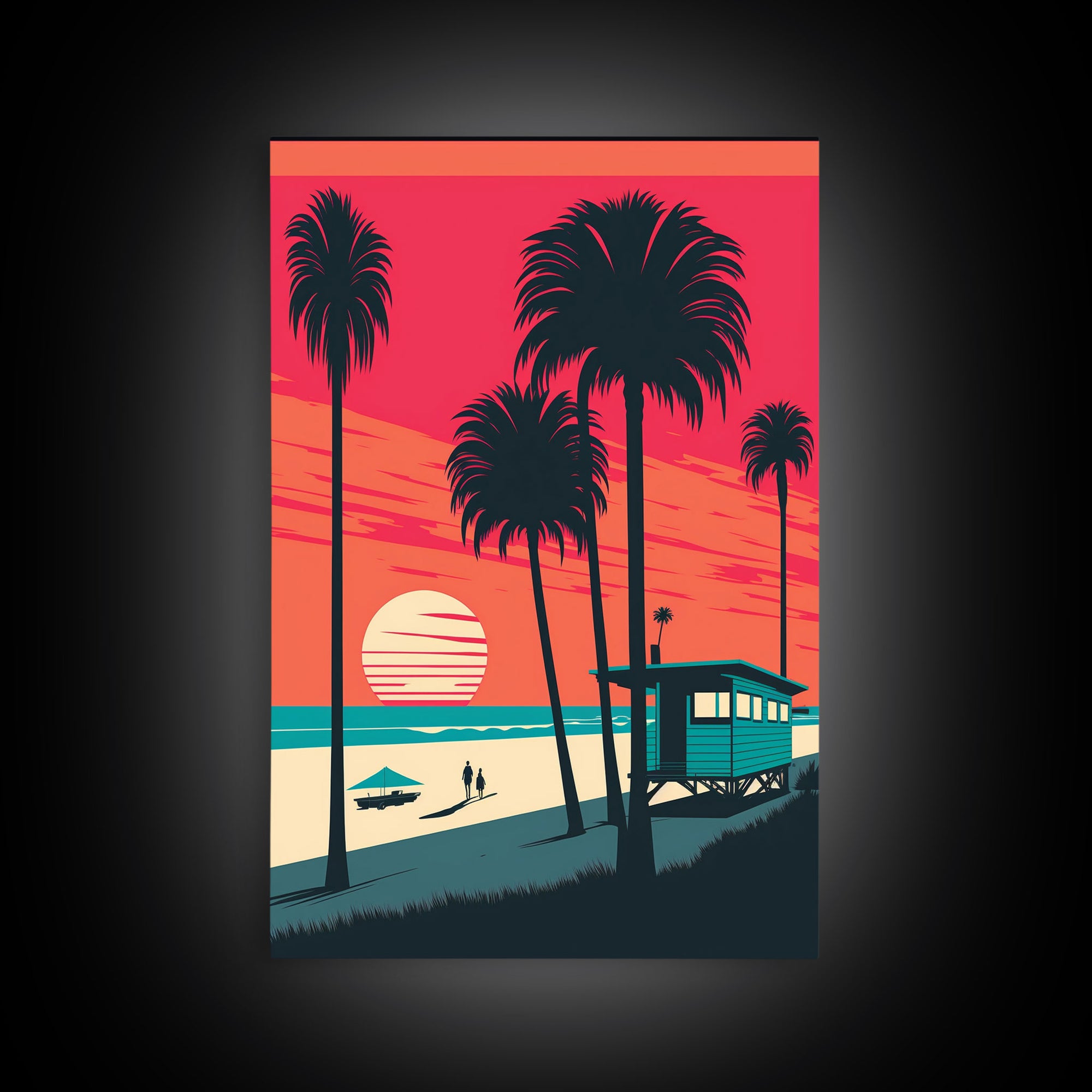 MCM Style Retro Wall Decor, Framed Canvas Prints, Triptych 3 Panel Wall Art, Retrowave Beach Art, Synthwave / Vaporwave Architecture Art