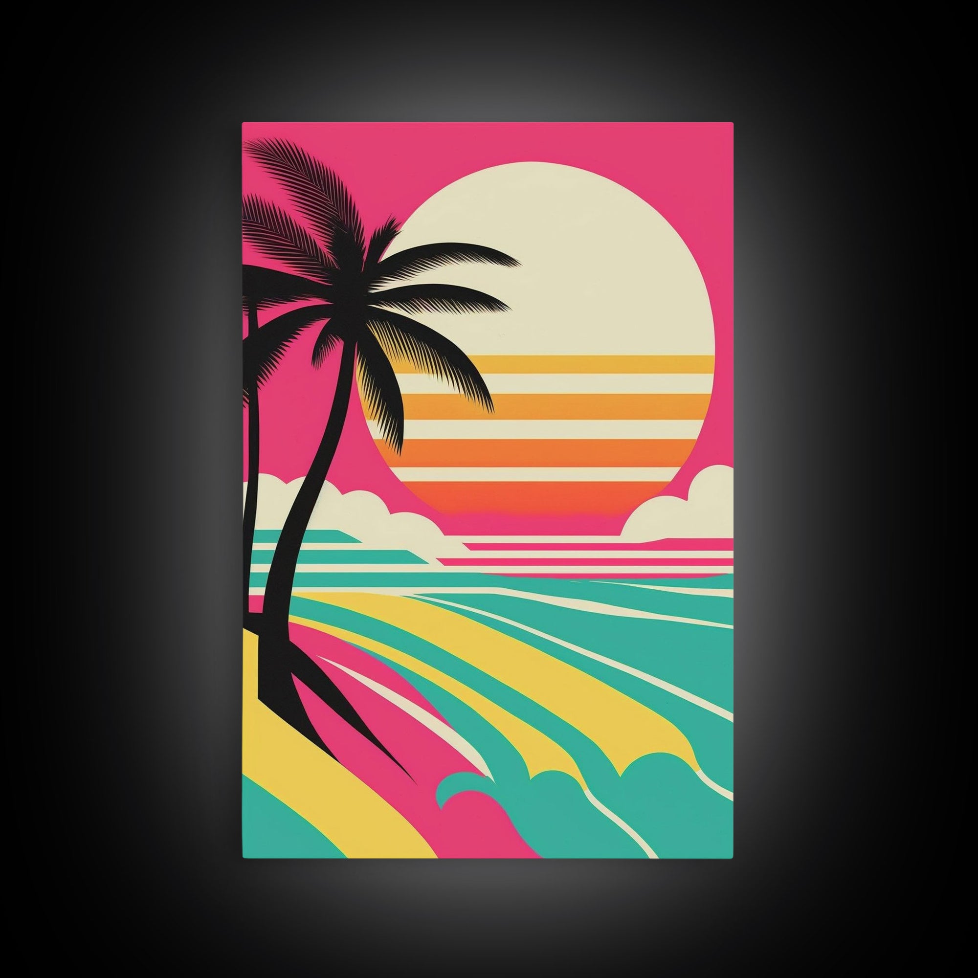 Beach Vibes - Midcentury / Art Deco / 80 Vibes Mash up - Framed Canvas Prints - Turquoise Sky and Palme Trees - 3 Panel Art, Triptych Prints