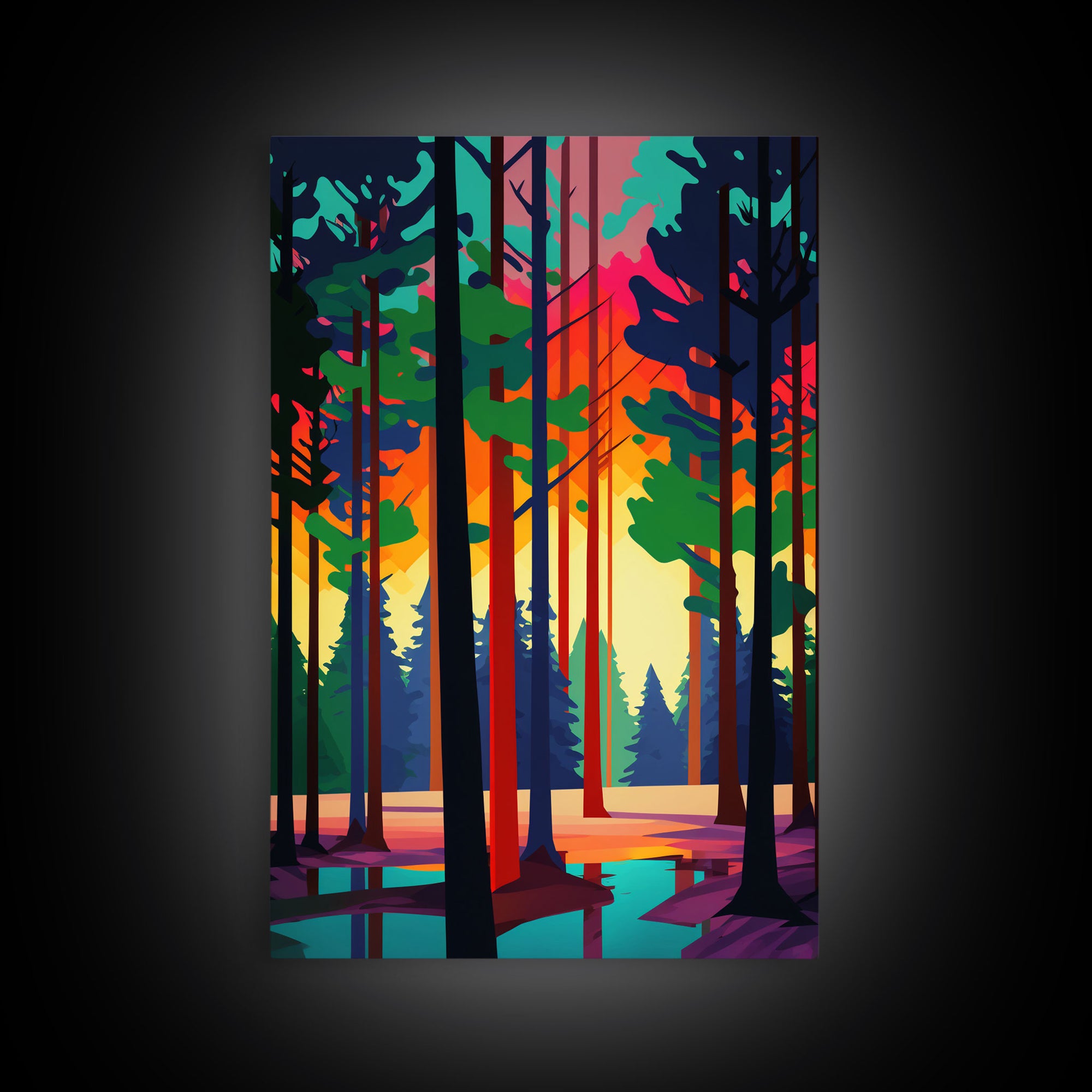 Retro Pine Tree Forest In The Fall, 3 Piece Canvas, 3 Panel Art, Framed Canvas Art, Colorful Abstract / Minimalism Landscape Art