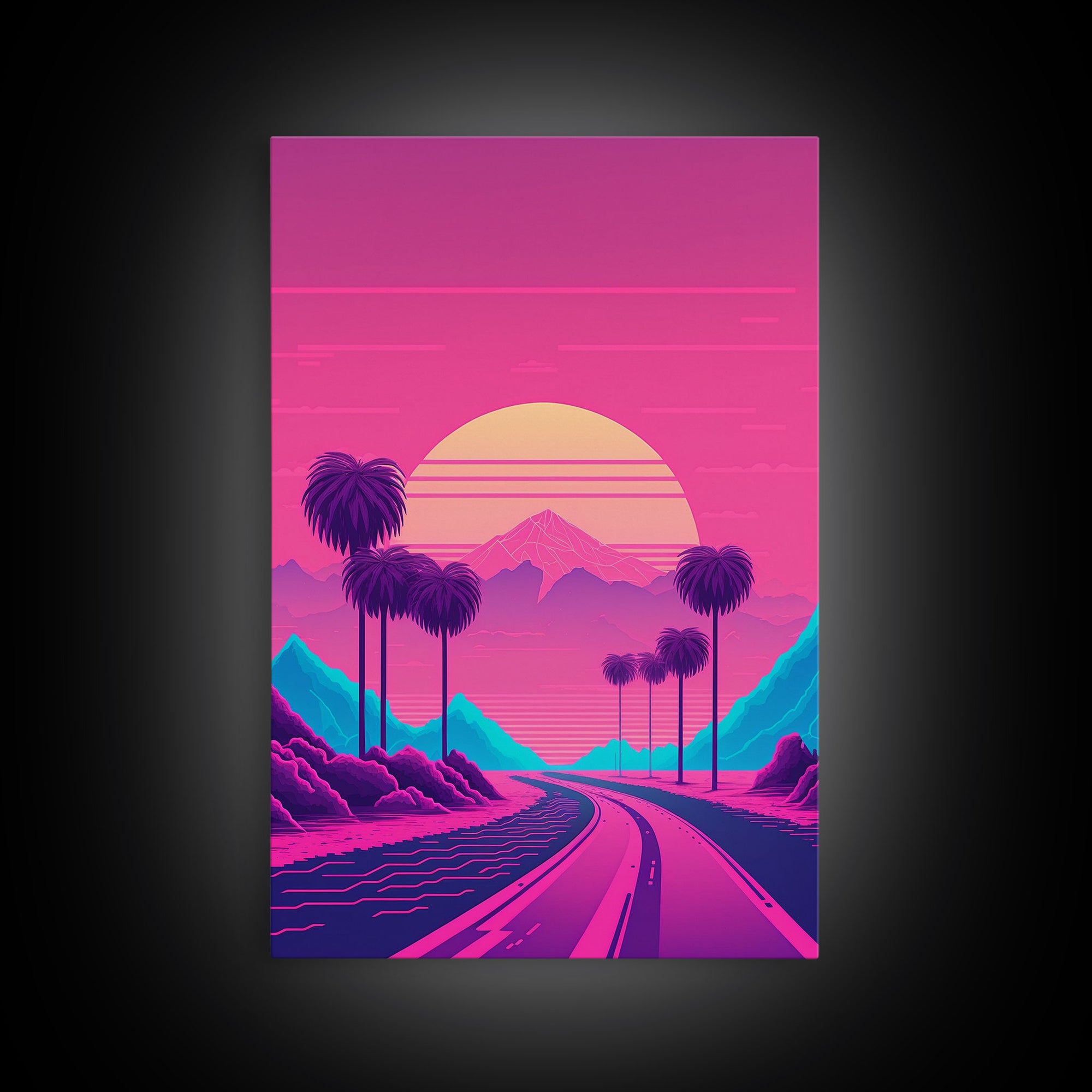 Retro Synthwave 80s Vibes Sunset Over The Mountains and Palm Trees, Highway, Framed Canvas Print