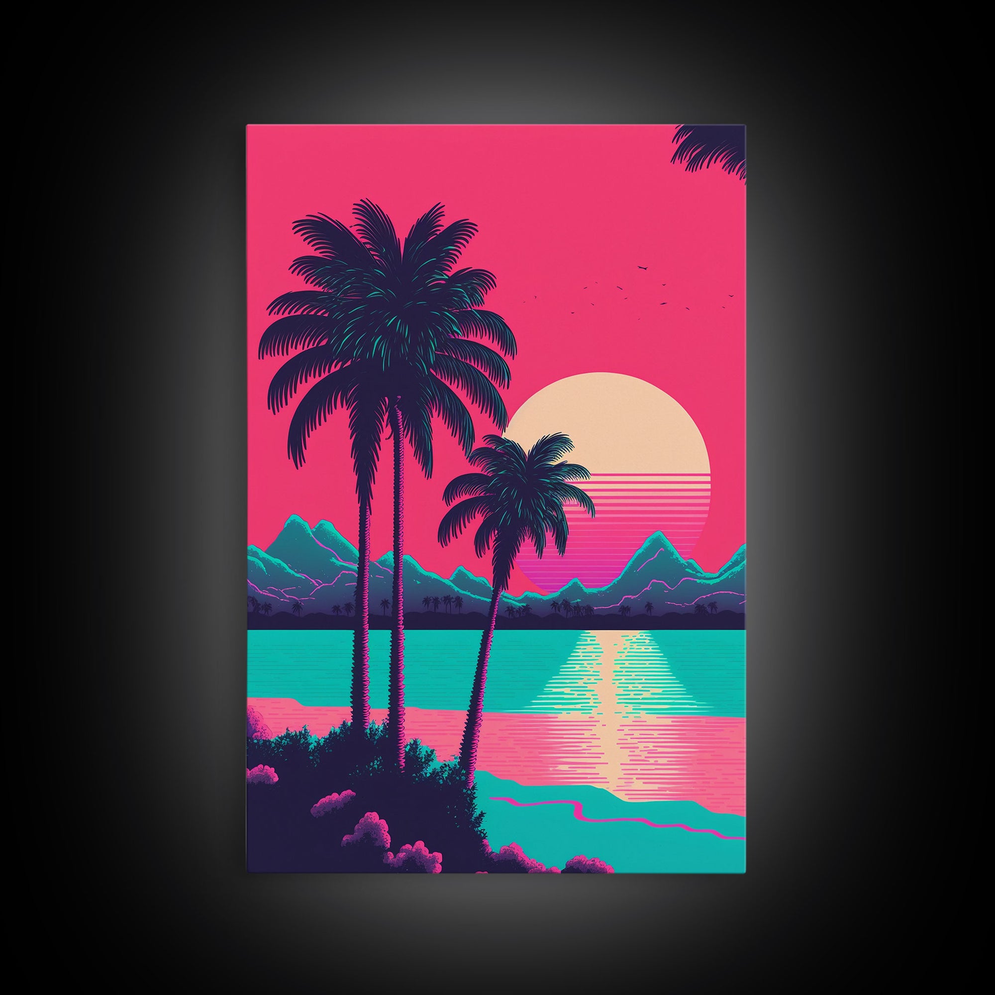 Retro Synthwave 80s Vibes Sunset Over The Mountains and Palm Trees, Highway, Framed Canvas Print