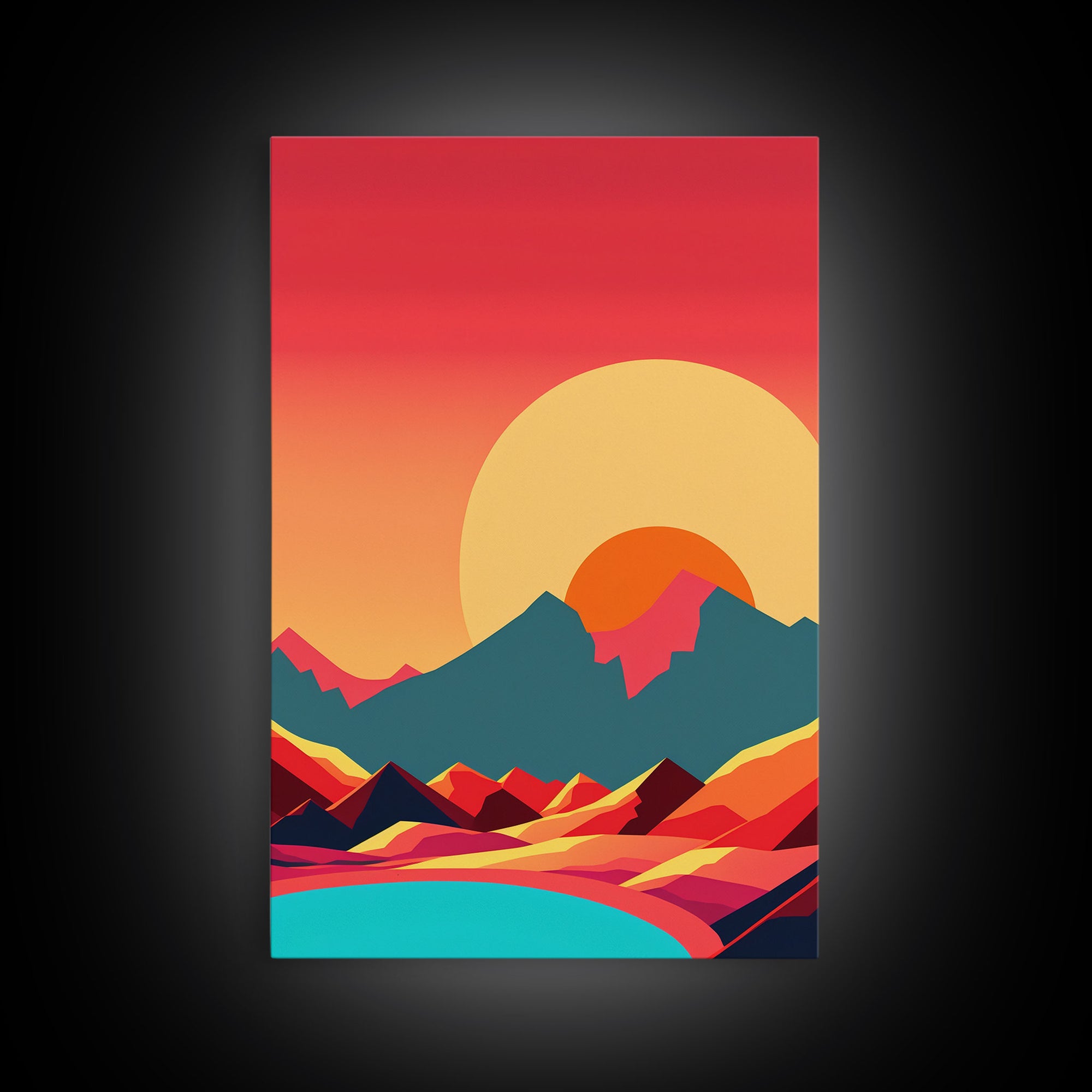 Outrun Style Art Deco Desert Sunset, Framed Canvas Print, Retro Style 80s Vibe Wall Decor, Office Art, Game Room Decor, Living Room Art