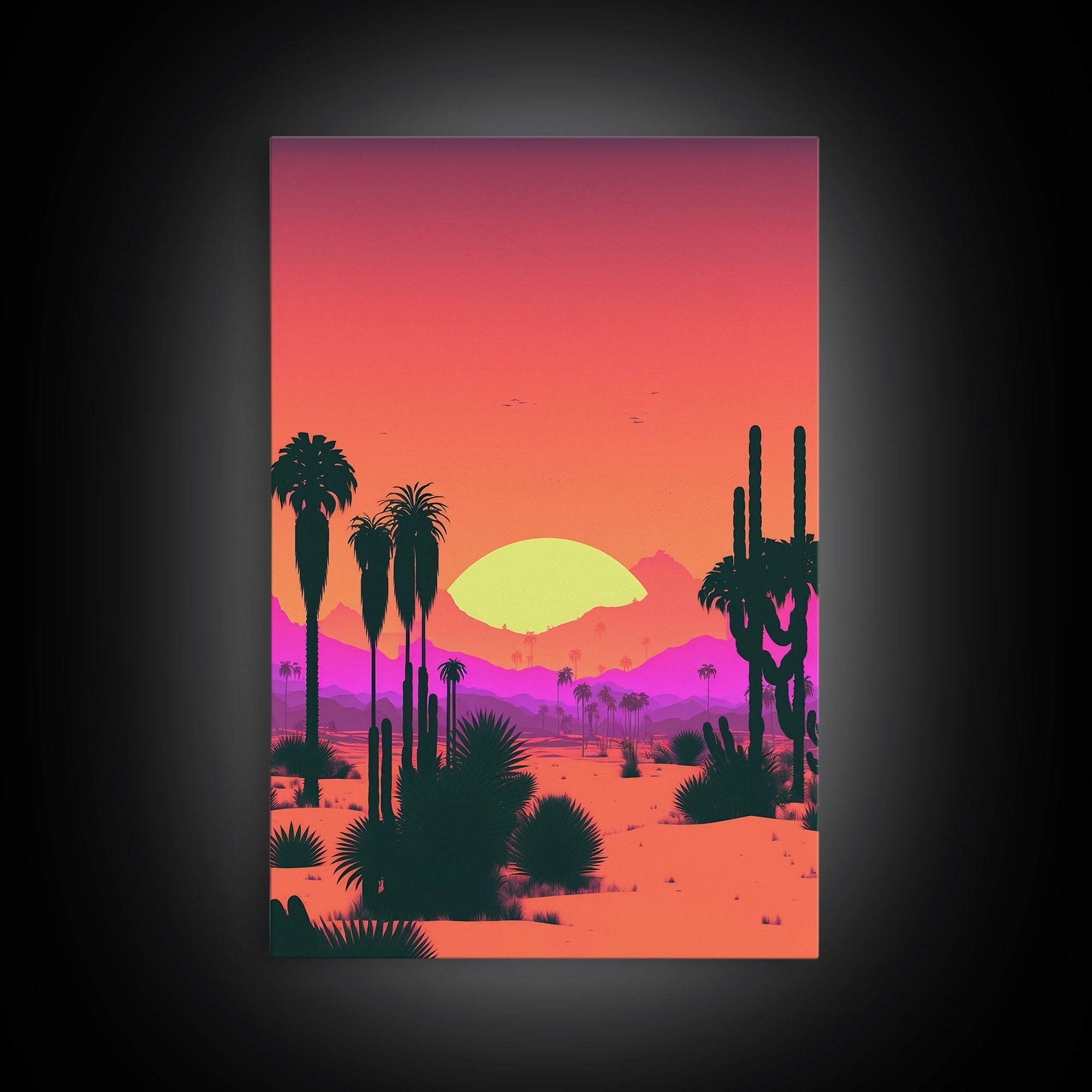 Retro Art Deco Style Minimalist Desert Landscape Print, Framed Canvas Art, Synthwave Style, Southwestern Decor, Western Art, Guest Room