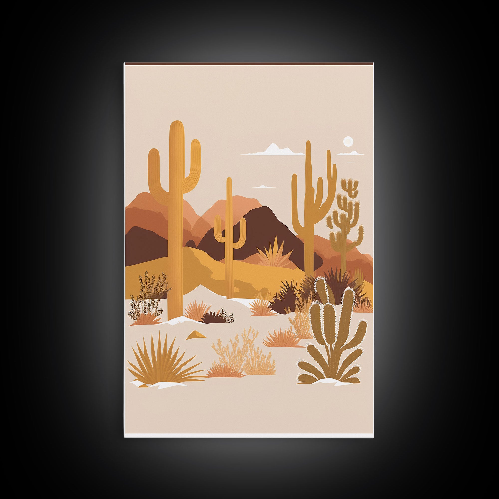 Boho Style Desert Art, Framed Canvas Print, Pueblo Style Cactus and Desert Landscape Art