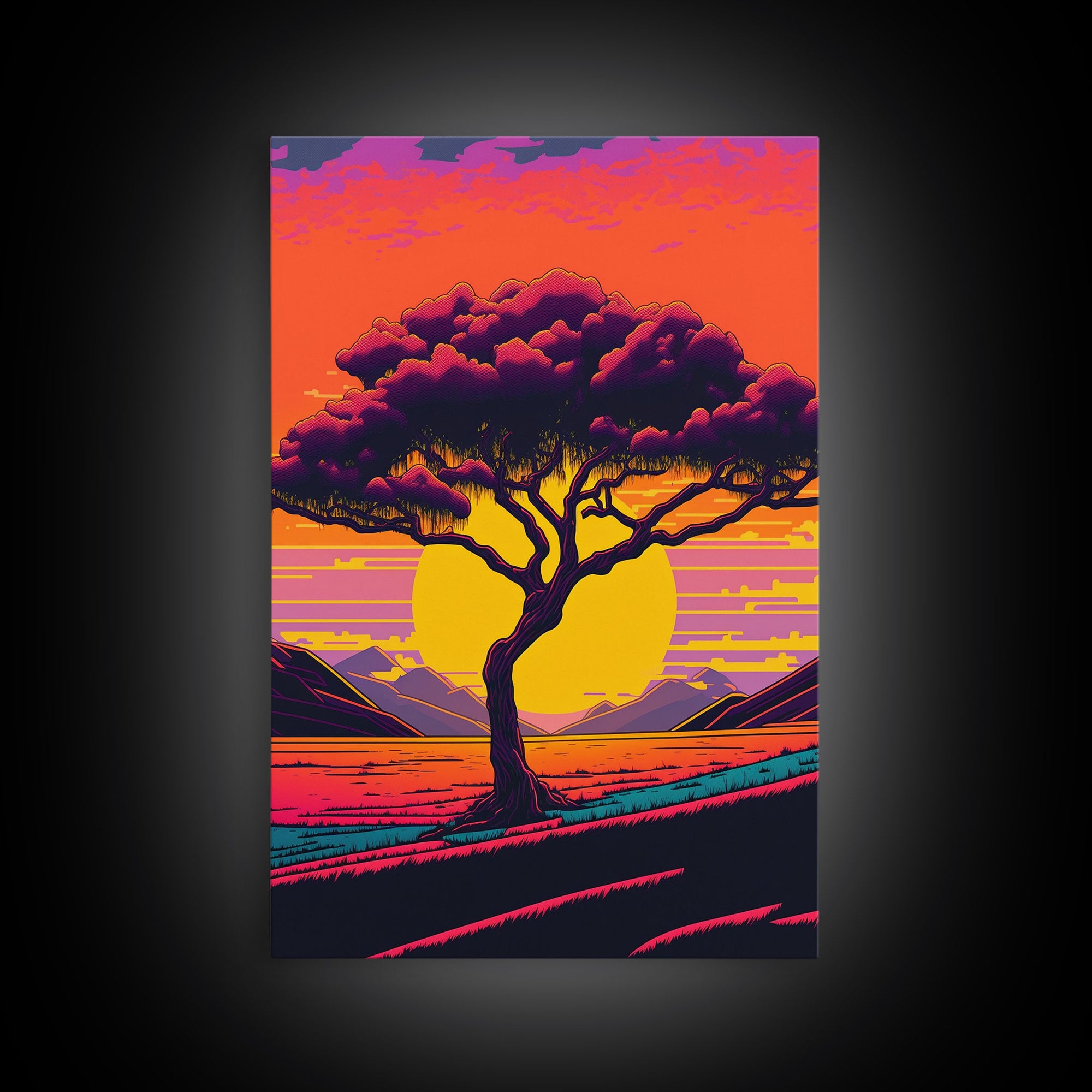 Weeping Willow At Sunset, Retro Style MCM Art, Framed Canvas Print, Trendy Wall Prints, Landscape and Sunset Outrun Art